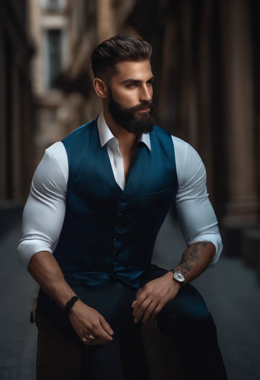 (Homem cyberpunk em roupas elegantes), (com uma barba longa e cheia,) (olhos azuis) (retrato) Beautiful and serious appearance, Cabelo azul escuro, elegante e elegante, e corpo forte camisa branca muito formal, (Imagem realista e de alta qualidade), ((best quality, 8k, piece of master).