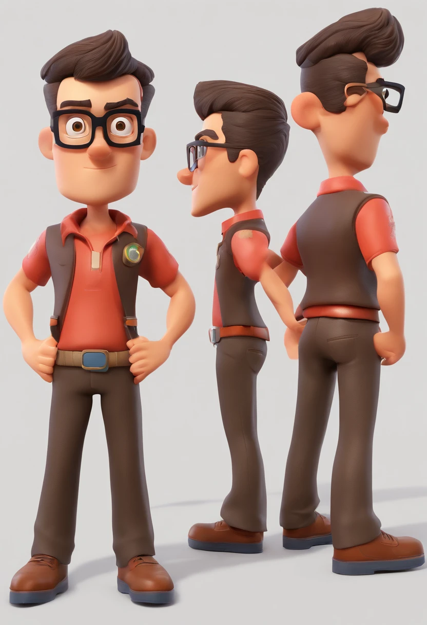Cartoon character of a man with black glasses, cabelo cacheado marrom escuro e uma camisa azul, animation character, Caractere estilizado, animation style rendering, 3D estilizado, Arnold Maya render, 3 d render stylized, toon render keyshot, Personagem 3D, Personagem 3D, 3d rendering stylized, 3 d character render, personagem de desenho animado, Personagem de close up, Pose de personagem,  (Estilo Pixar) (master part:1.2) (Bokeh) (best quality) (pele detalhada) (textura detalhada) (8k) (argila) (Cinematic lighting) (foco nítido