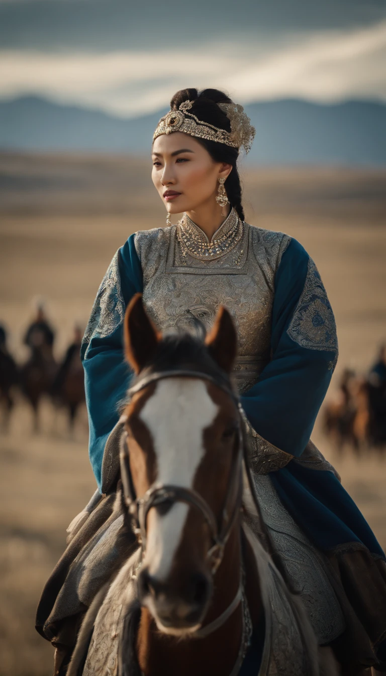 Hyper Realistic Long shot, Khutulun Mongol Princess, marriage to a man, majestic Mongolian landscape, traditional wedding attire, intricate details, historical accuracy, intense emotion, powerful legacy, --ar 16:9 --q 1 --stylize 500