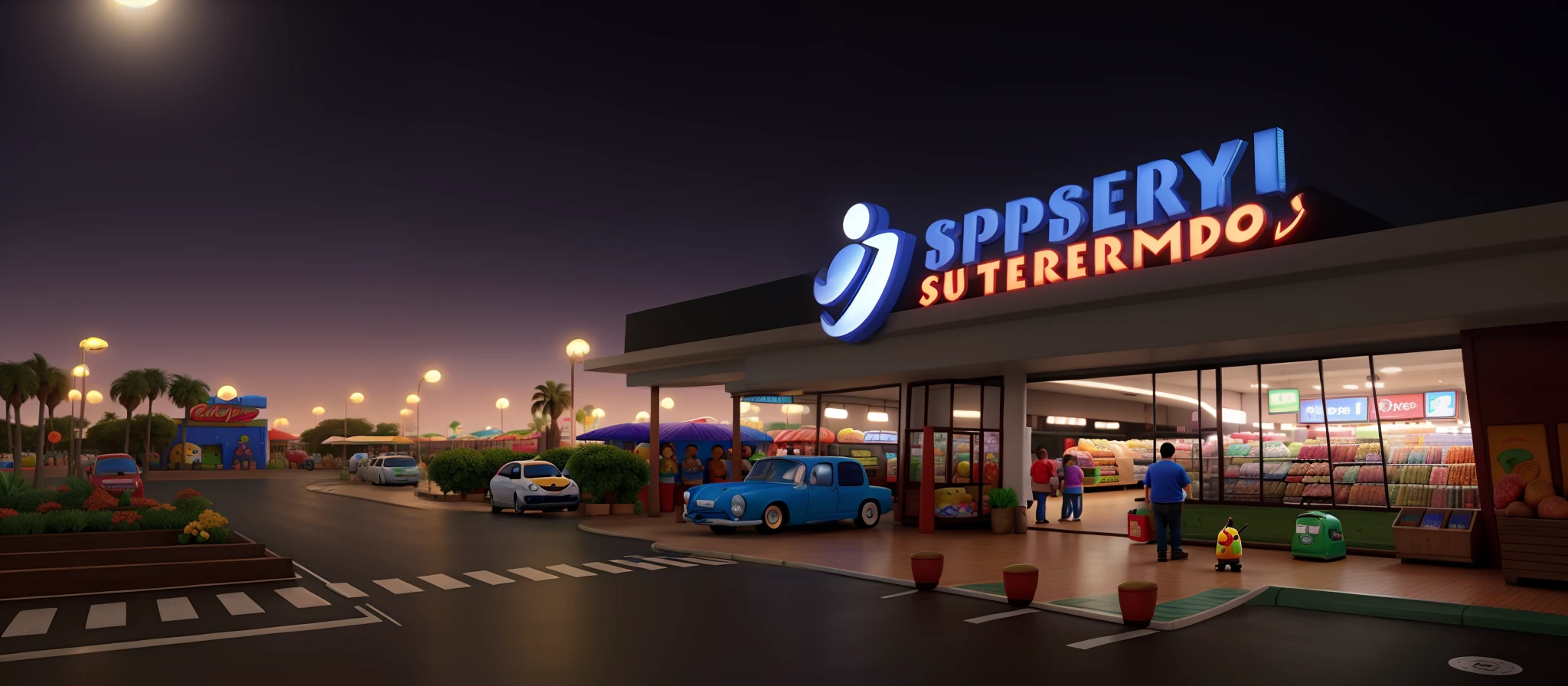 um supermercado estilo disney pixar