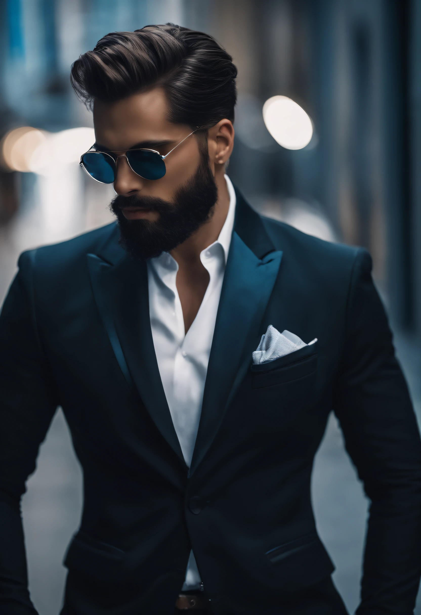 A man in a suit and sunglasses standing in a narrow alleyway - SeaArt AI