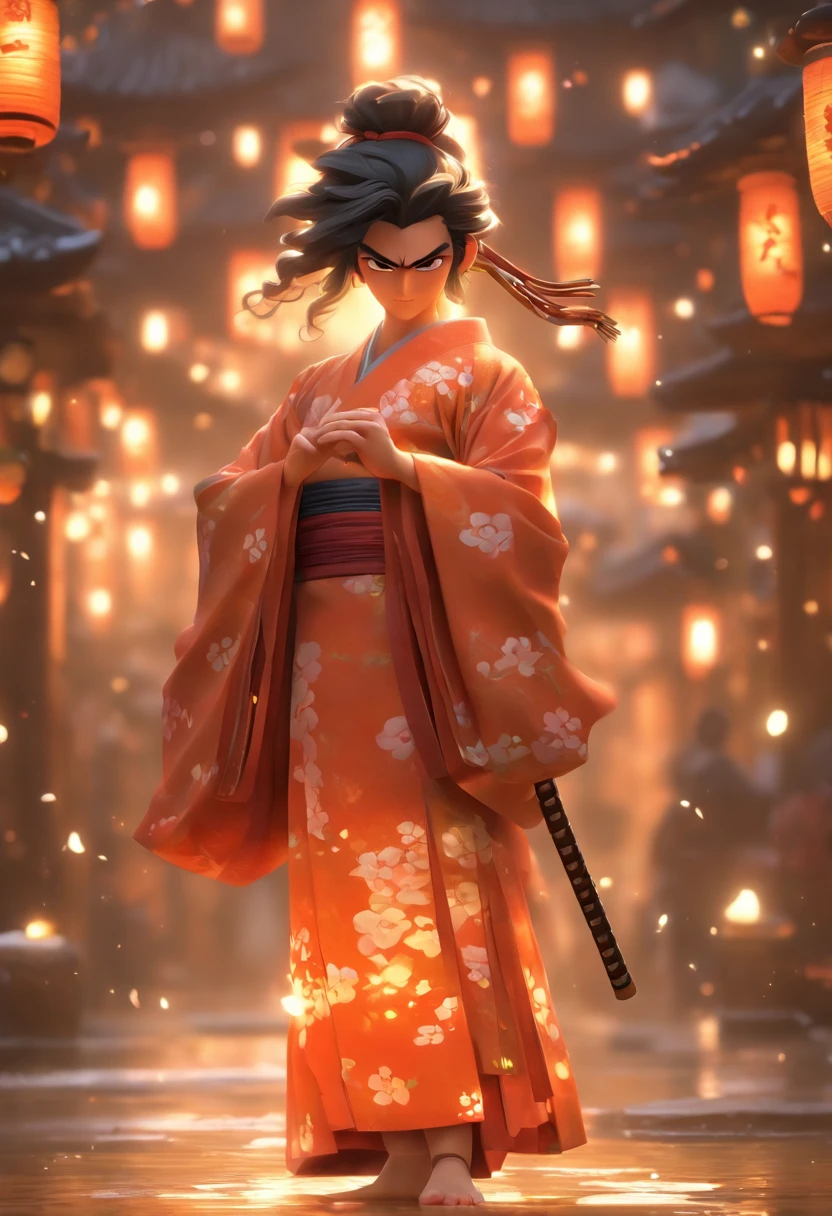 （Estilo Pixar),Um selhor de 80 anos japones，vestido de samurai，uma espada nas costas，Guitar in hand, In Ancient Japan, Modelo de personagem em miniatura, fonte de luz da direita para a esquerda, Rum lighting, fonte de luz da direita para a esquerda, Realistic proportions, Post-processing, ((perspectiva ortogonal)), Super Detalhe, Realistic, super realistic, photoreal render,