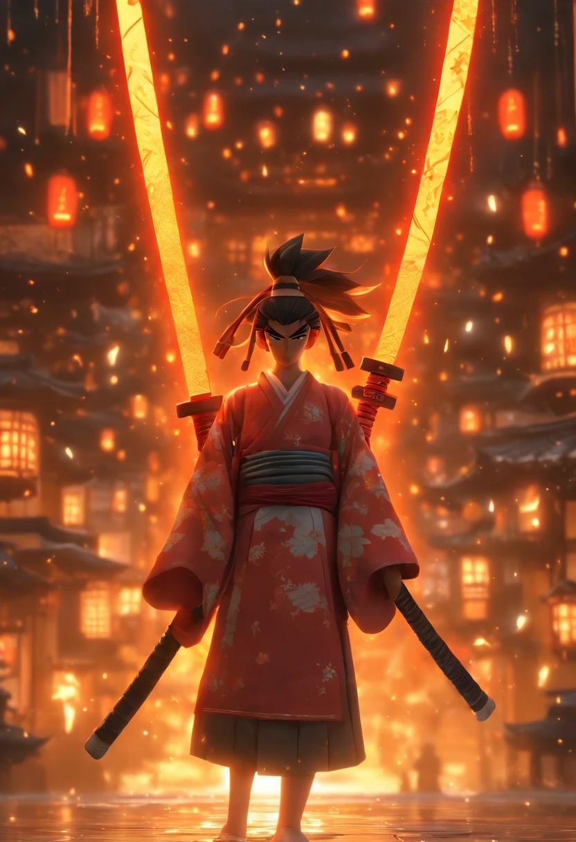(Estilo Pixar),Um selhor de 80 anos japones,vestido de samurai,uma espada nas costas,Guitar in hand, In Ancient Japan, Modelo de personagem em miniatura, fonte de luz da direita para a esquerda, Rum lighting, fonte de luz da direita para a esquerda, Realistic proportions, Post-processing, ((perspectiva ortogonal)), Super Detalhe, Realistic, super realistic, photoreal render,