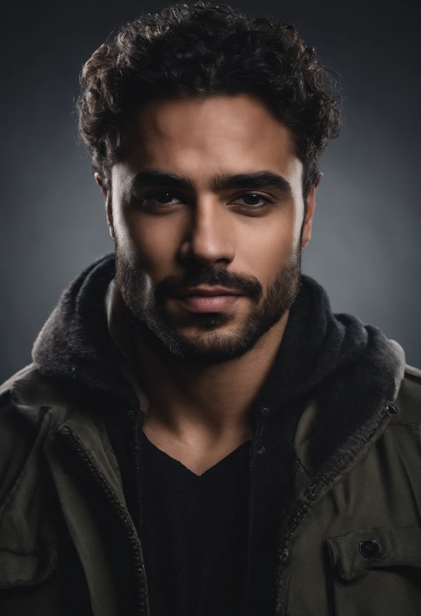 Luiz Henrique, homem caucasiano, moreno, cabelo preto curto estilo low fade e barba rente, rosto oval arredondado e maxilar marcado, 35-year-old appearance wearing dark gray hoodie White headphones with RGB lights, neon lighting background