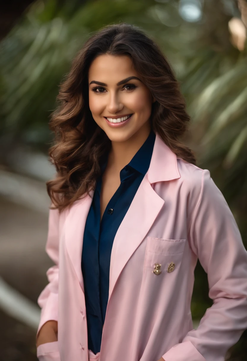 jovem latina ((ultra realistic:1.2)), smiling a lot in navy blue lab coat and light pink pants, no banheiro extremamente brilhante, (Clouse-Up), Rosto Fechado, DSLR, 100 millimeters