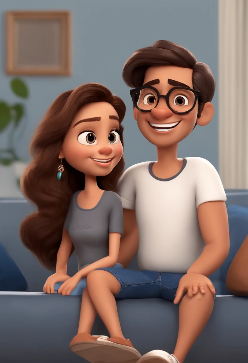 Pixar. Casal com um filhote de cachorro beagle marrom. A tem os cabelos loiros amarrados, Camiseta cinza e jeans claro, white glasses. O meninobelos pretos com cabelos grisalhos, barba pequena, oculos, Dark blue jeans and gray t-shirt. They are both smiling and are 40 years old