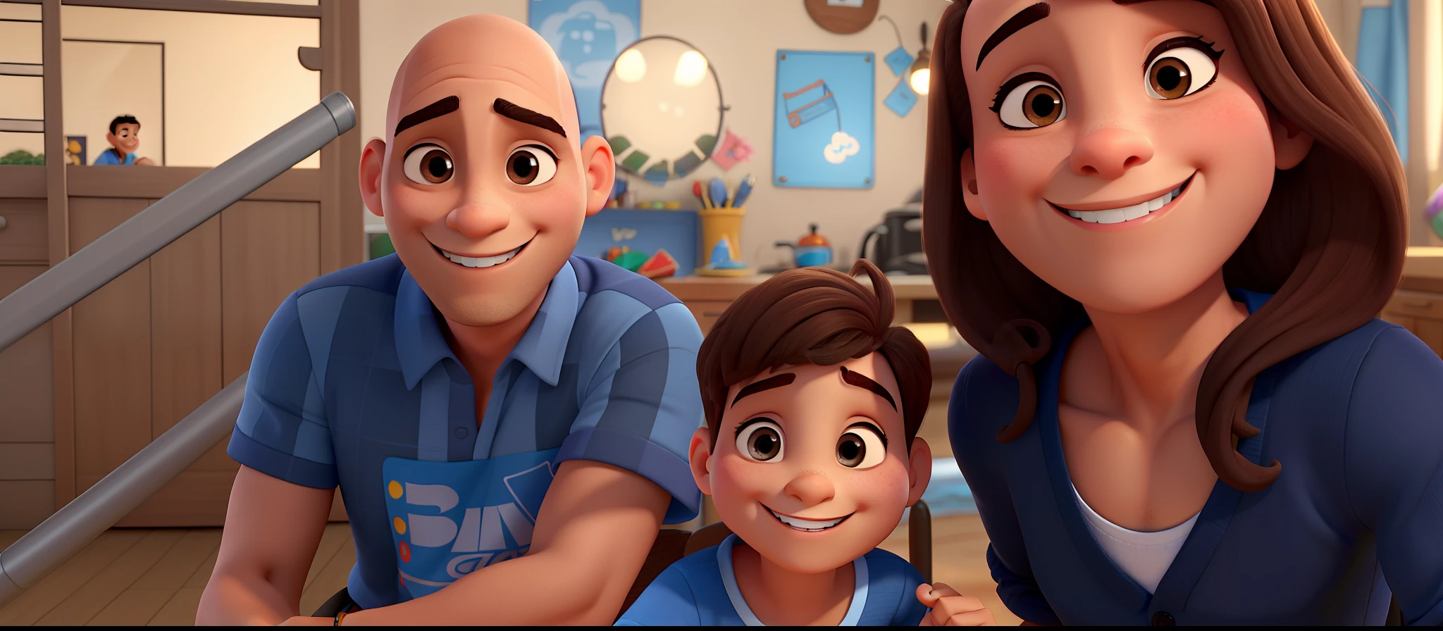 um homem careca, uma mulher com um sorriso suave, e um menino de 4 anos sorrindo com um dente da frente ausente, tudo no estilo Disney Pixar, com alta qualidade e a melhor qualidade.