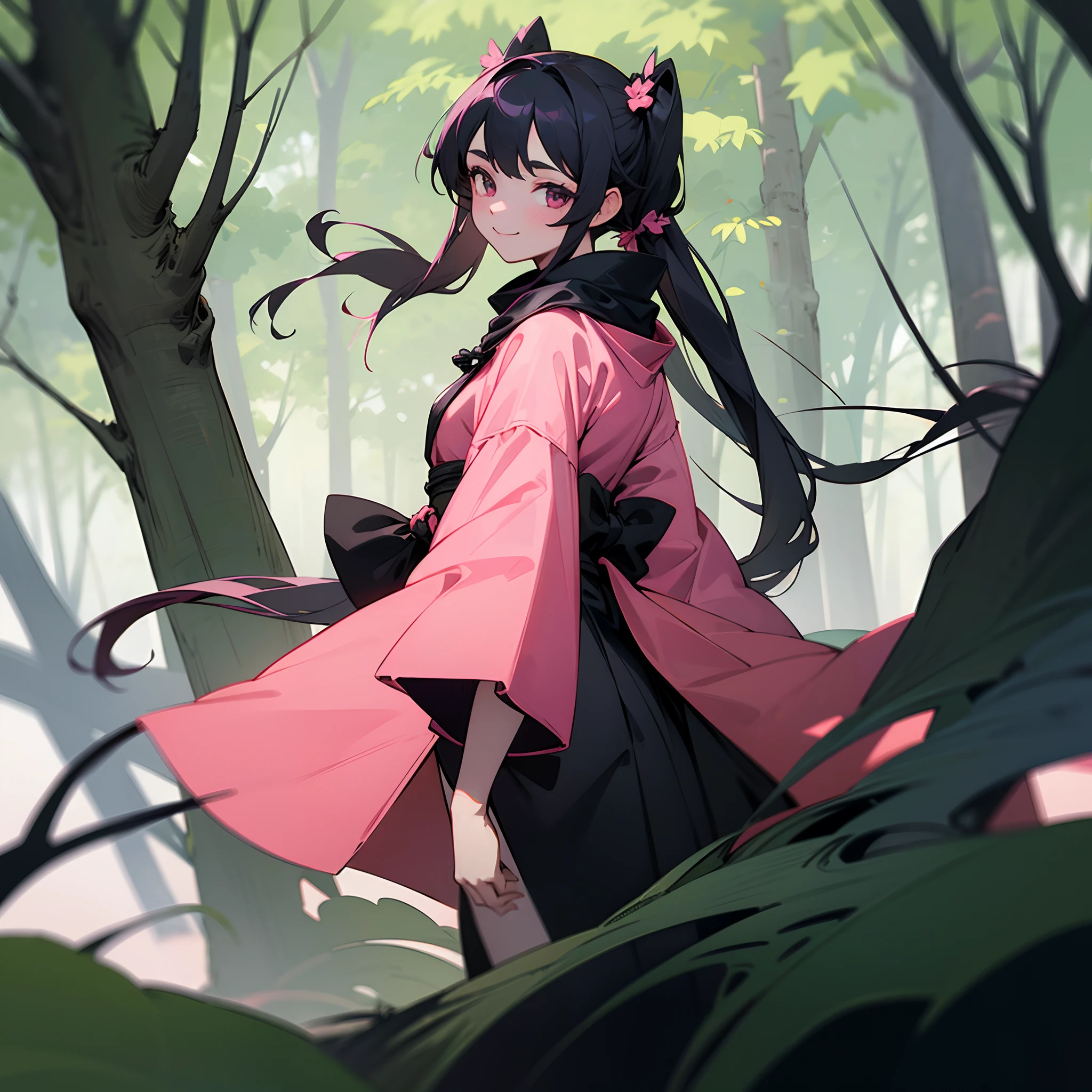 1female, long black pigtails, finely detailed pink eye, loose ronin clothing, standing on tree, light smile, dark forest