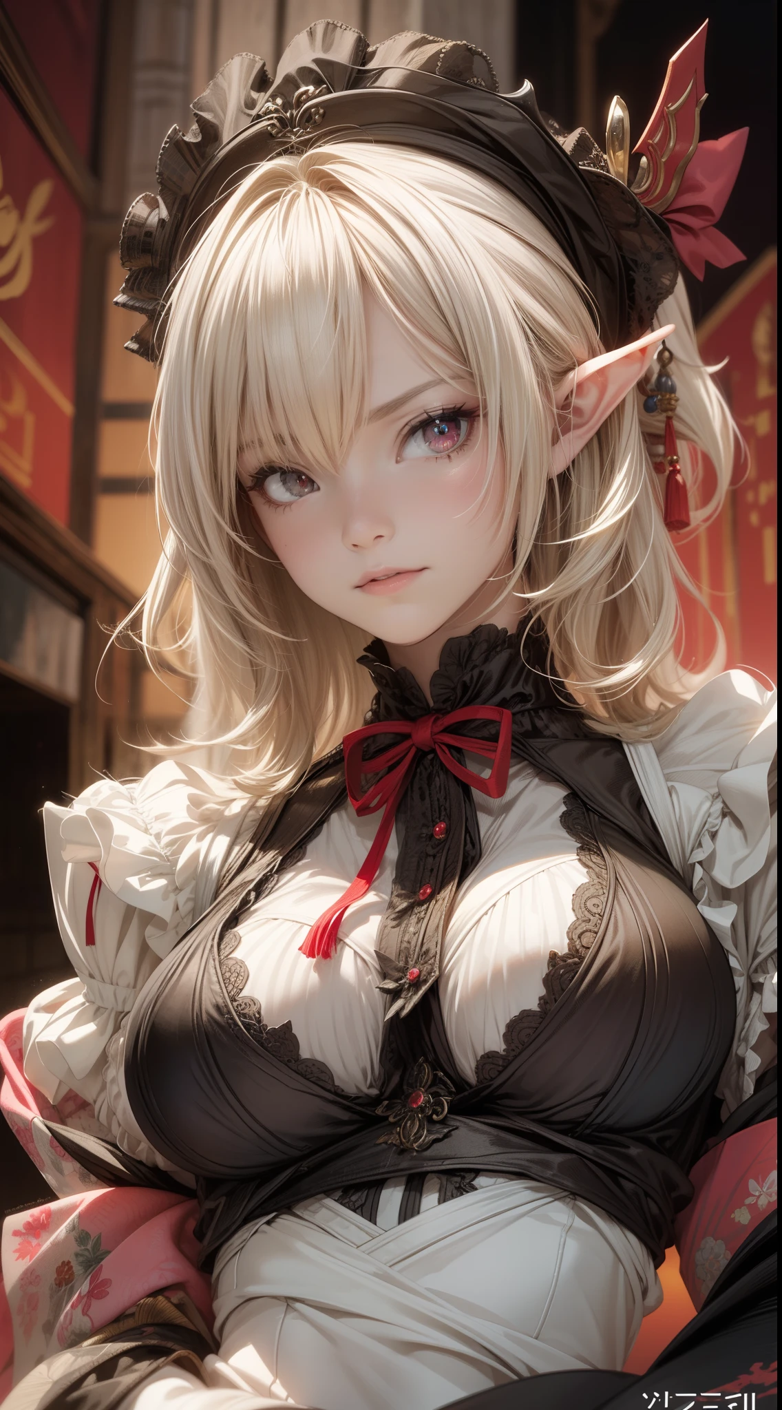 Very detailed illustration of an a beautiful Extremely cute elf race face with ((short white blonde hair)), asymmetrical bangs, insanely detailed face and eyes, Perfect lips, maid-like headdress, victorian ruffled dress in pink, smirk, ((red eyes)), dangerous looking, zoomed, big breast, japanese village environment, MSchiffer, fantasy, cartoonish vector, anime, manga, (cel-shaded) flat coloring, night, digital painting, dramatic, cinematic lighting, fine expression, fine detail, masterpiece, fantasy art, illustration, masterpiece, digital art by Yusuke Murata.