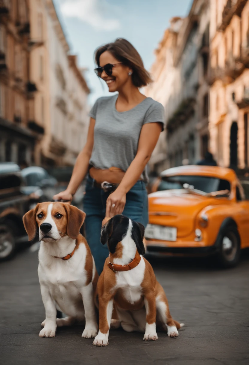 Pixar. Casal com um filhote de cachorro beagle marrom. A tem os cabelos cacheados soltos, vestido cor de vinho. O meninobelos pretos com cabelos Crespos, barba pequena, Dark blue jeans and black dress t-shirt. They are both smiling and are in their 20s