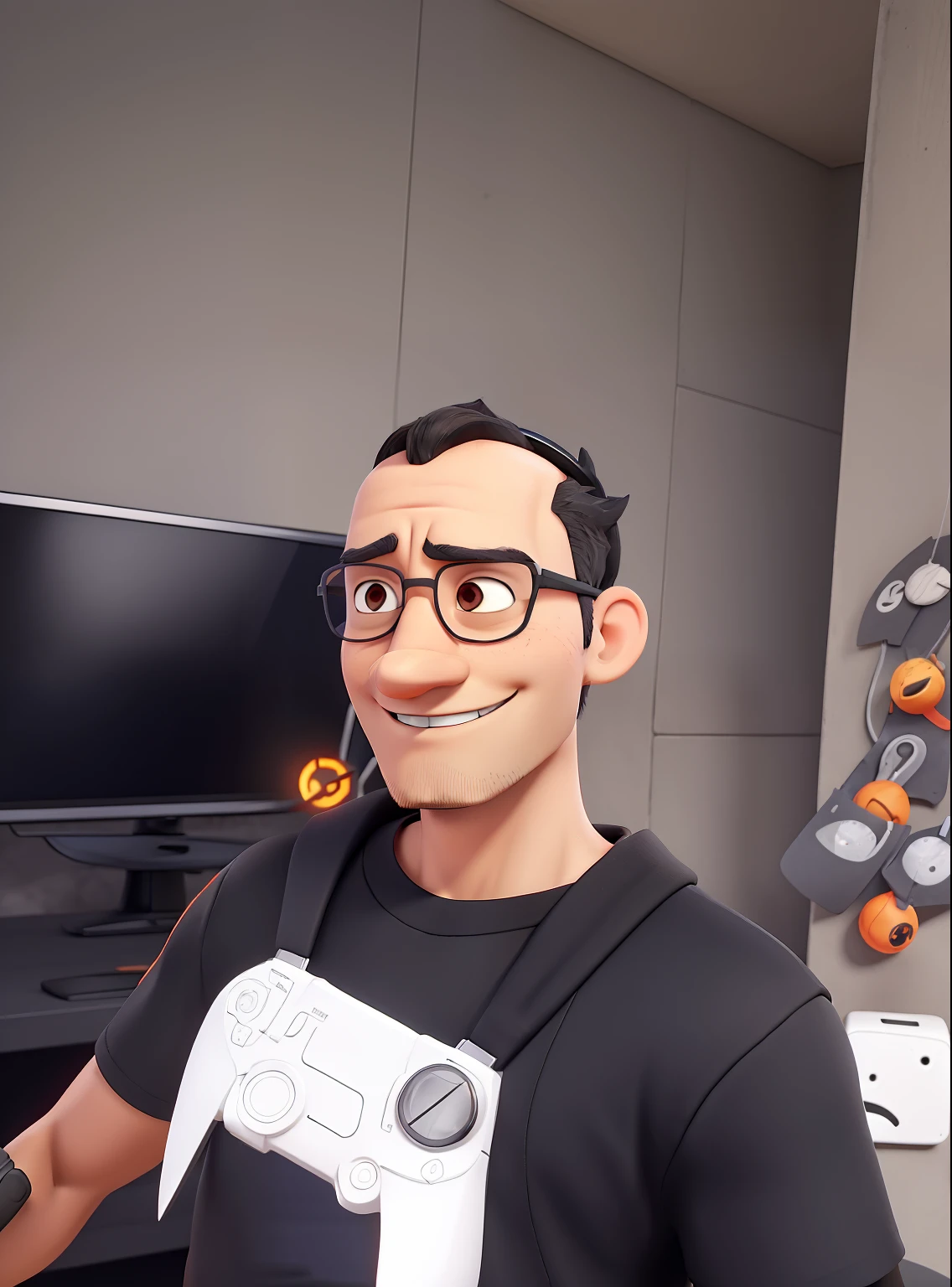 Cartoon with black shirt and orange details and black pants, with headset on head, Holding the blades of chaos with his hands, e o machado do kratos nas costas, olhando para frente e sorrindo com os dentes aparecendo;