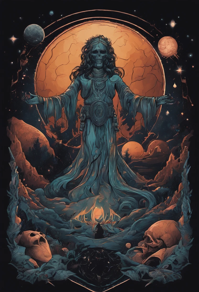 /imagine prompt: cosmic horror illustration for a sticker with a black background, in bold outline style, jagged edges, trashcore, light shading --v 5.2