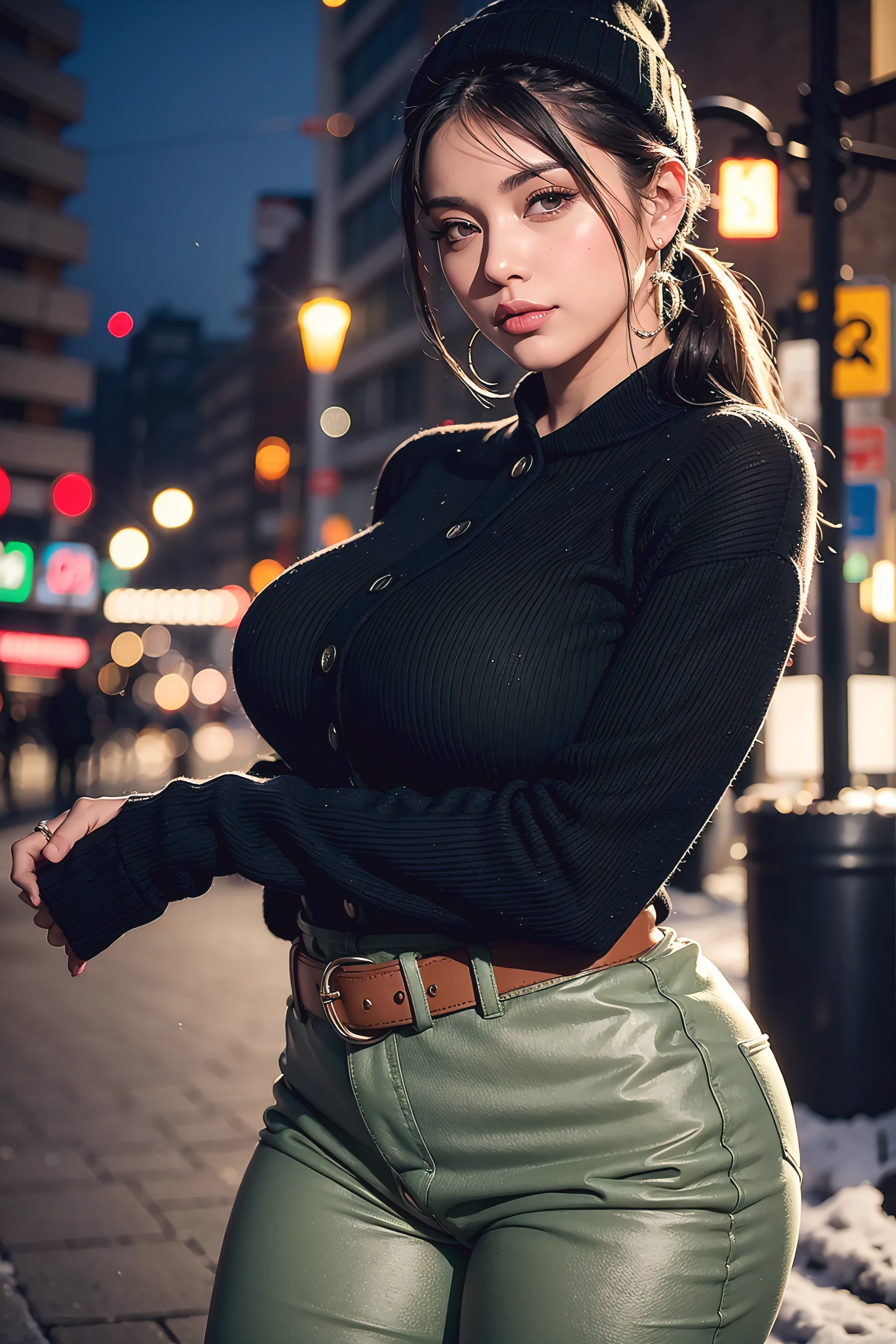 Beautiful sensual woman with a curvy body, black hair, bangs, twintail, widest waist, fitting breasts, curvy accentuated booty, sparkling olive-green eyes, long eyelashes, thick thighs, Strong calves, smirk, taniaayusiregar, She wears a black wool cardigan, red shirt, white trousers, brown belt, black beanie, she is on a busy street, evening in Winter, snowy, photorealistic, Masterpiece, bokeh, Volumetric lighting, winter season atmosphere