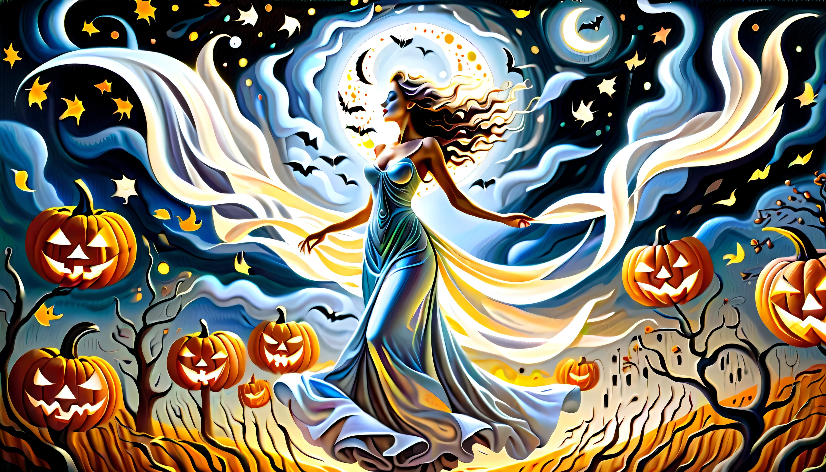solemn reincarnation Halloween oil painting illustration, slim beautiful goddess descends, around Halloween ghost dancing, dancing in the sky is waving star, reverberate shining moon, Nue indicates birds that sing in the night, grudge scatter of alternative autumn, haze of hell, (intricate insane details:1.1), extremely intricate details, true master piece, beautiful detail glow, smooth skin,