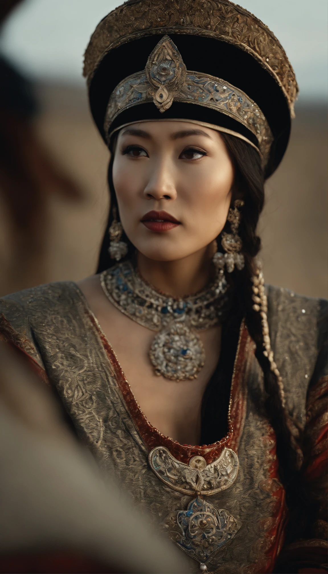 Hyper Realistic Long shot, Khutulun Mongol Princess, marriage to a man, majestic Mongolian landscape, traditional wedding attire, intricate details, historical accuracy, intense emotion, powerful legacy, --ar 16:9 --q 1 --stylize 500
