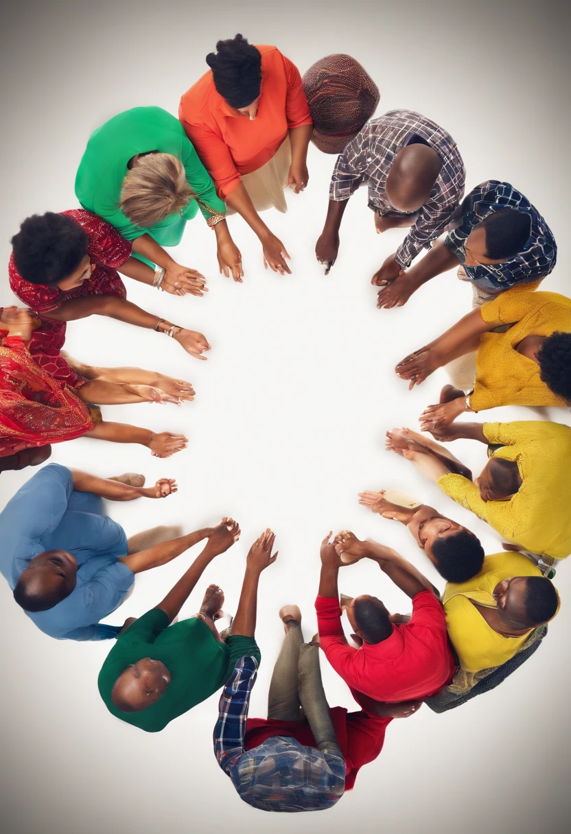 a spiral of people of various ethnicities, holding hands, wearing colorful clothes