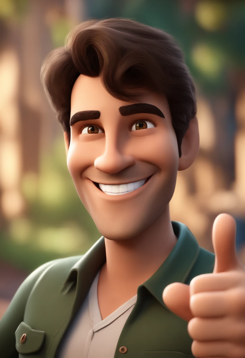 Happy man with dark brown hair, greenish brown eyes, short hair showing a thumbs up sign with hand, 3D image, pixar style in high quality