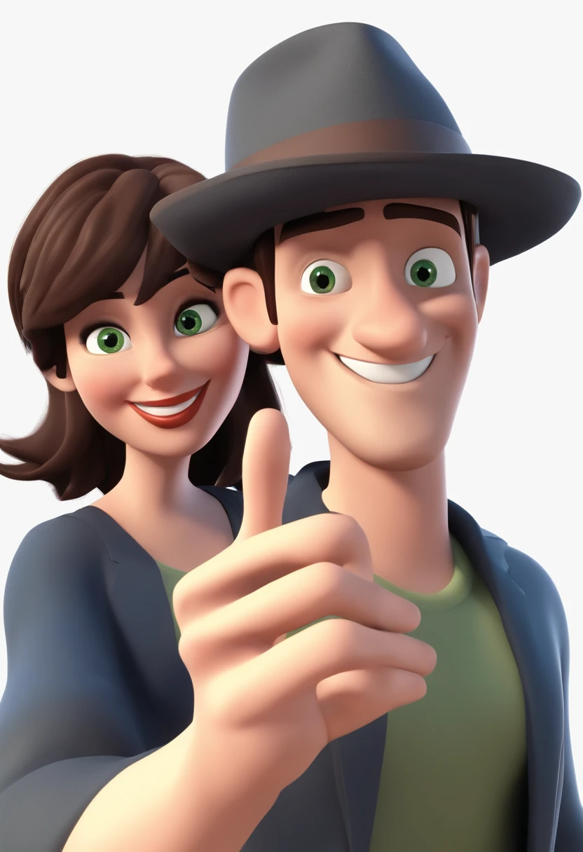 Happy man with dark brown hair, greenish brown eyes, short hair showing a thumbs up sign with hand, 3D image, pixar style in high quality