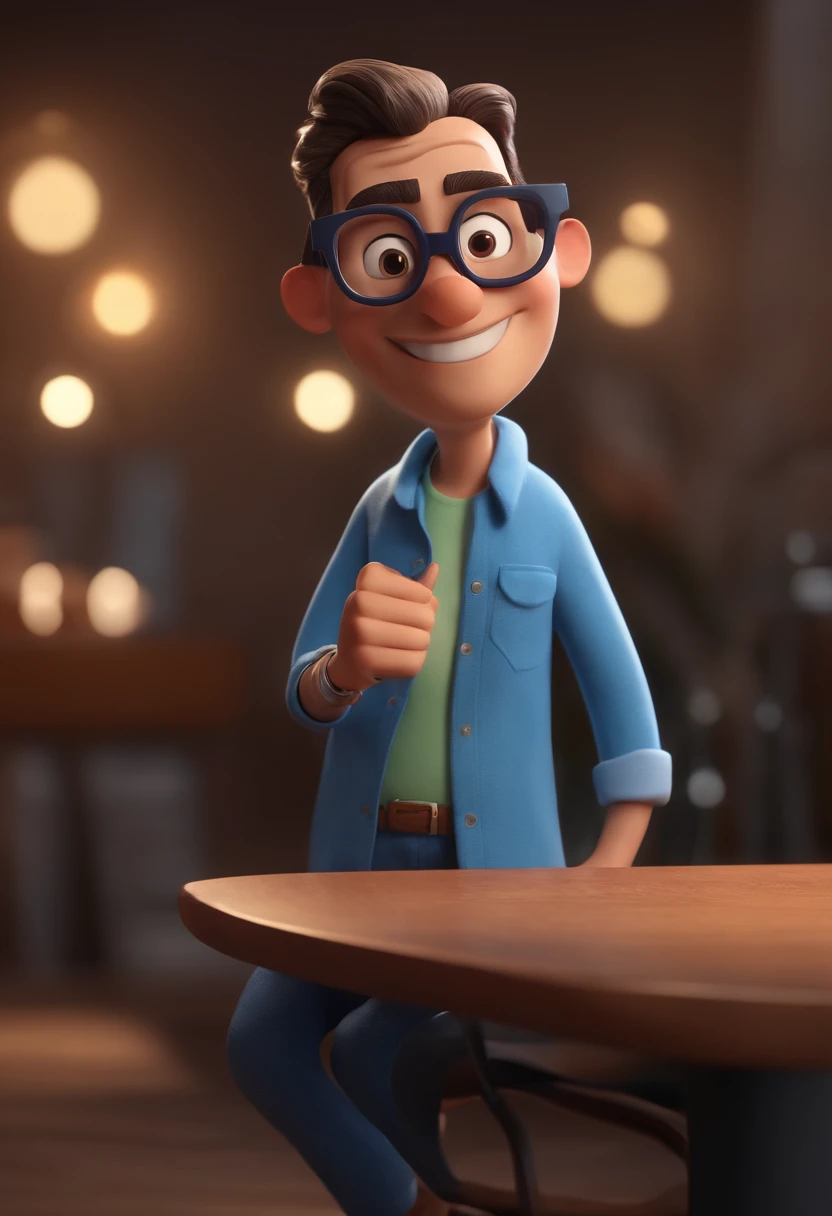 Cartoon character of a man with black glasses and a blue shirt, animation character, Caractere estilizado, animation style rendering, 3D estilizado, Arnold Maya render, 3 d render stylized, toon render keyshot, Personagem 3D, Personagem 3D, 3d rendering stylized, 3 d character render, personagem de desenho animado, Personagem de close up, Pose de personagem,  (Estilo Pixar) (master part:1.2) (Bokeh) (best quality) (pele detalhada) (textura detalhada) (8k) (argila) (Cinematic lighting) (foco nítido