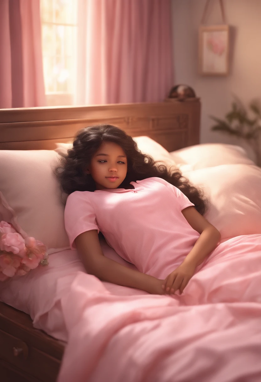 (Best Quality, hight resolution, Ultra-detailed:1.2), Realistic, young girl, Sweet girl, loli, dark skin, covered eyes, black curly hair, pink shirt, Comfortable bed, cozy bedroom, lying on his back, Gentle blush, Serene mood, intricate details, Smooth texture, bottomless, , innocence.
