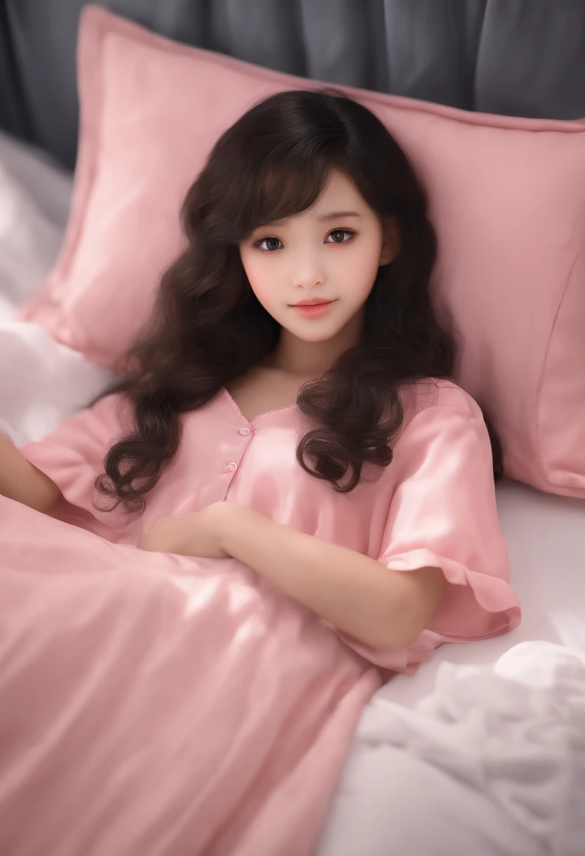 (Best Quality, hight resolution, Ultra-detailed:1.2), Realistic, young girl, Sweet girl, loli, dark skin, covered eyes, black curly hair, pink shirt, Comfortable bed, cozy bedroom, lying on his back, Gentle blush, Serene mood, intricate details, Smooth texture, bottomless, , innocence.