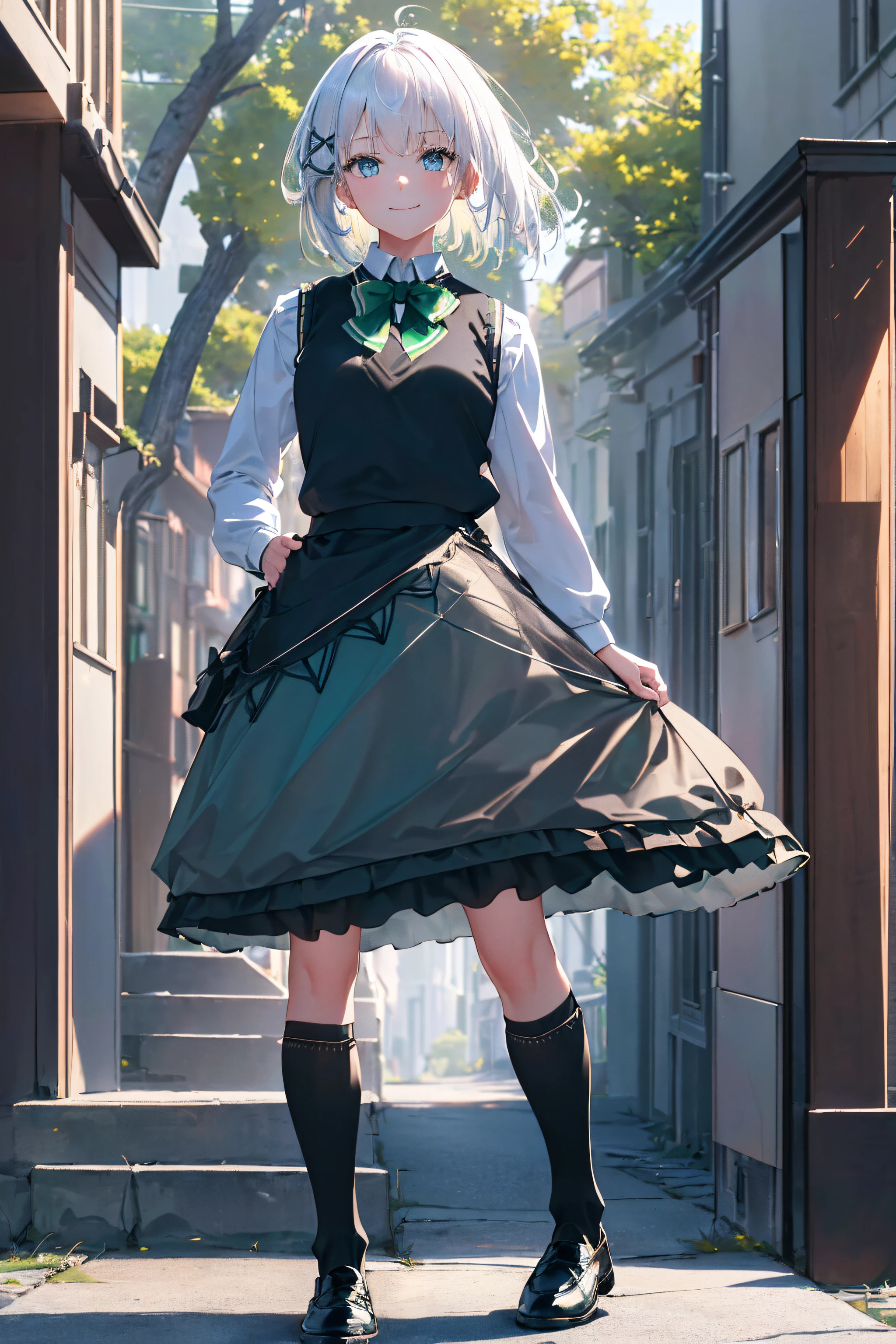 masterpiece, best quality, highres, 1girl white hair blue eyes x hair ornament,(wearing black footwear, kneehighs, green skirt, black socks, loafers, green bow, sweater vest, green ribbon:1.2), standing, leaning forward, (arms behind back:1.2), smile, simple background,NSFW,official art,extremely detailed CG unity 8k wallpaper, perfect lighting, (masterpiece:1.0),(best_quality:1.0), ultra high res,4K,ultra-detailed, photography, 8K, HDR, highres, absurdres:1.2, Kodak portra 400, film grain, blurry background, bokeh:1.2, lens flare, (vibrant_color:1.2),(beautiful_face:1.5),(narrow_waist),(perfect hands, perfect anatomy),