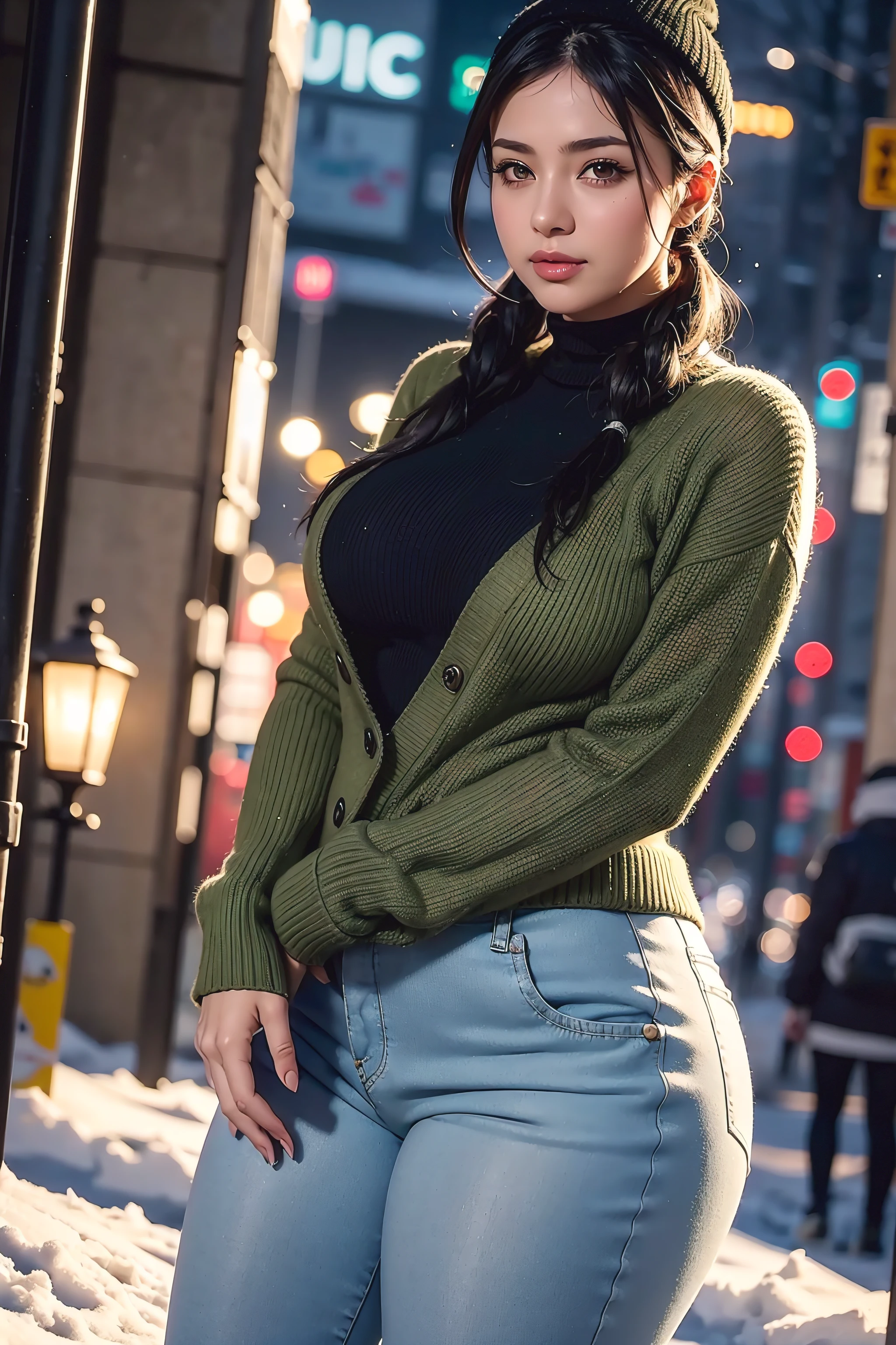 Beautiful sensual woman with a curvy body, black hair, bangs, twintail, widest waist, fitting breasts, curvy accentuated booty, sparkling olive-green eyes, long eyelashes, thick thighs, Strong calves, smirk, taniaayusiregar, She wears a wool cardigan, redshirt, whitetrousers, brownbelt, blackbeanie, she is on a busy street, plays around, evening in Winter, snowy, photorealistic, Masterpiece, bokeh, Volumetric lighting, winter season atmosphere