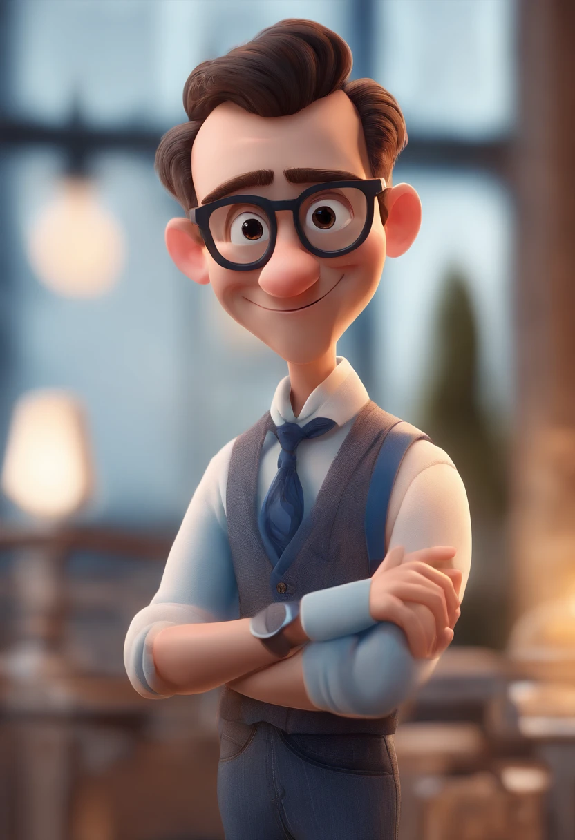 Cartoon character of a man with black glasses and a blue shirt, animation character, Caractere estilizado, animation style rendering, 3D estilizado, Arnold Maya render, 3 d render stylized, toon render keyshot, Personagem 3D, Personagem 3D, 3d rendering stylized, 3 d character render, personagem de desenho animado, Personagem de close up, Pose de personagem, (Estilo Pixar) (master part:1.2) (Bokeh) (best quality) (pele detalhada) (textura detalhada) (8k) (argila) (Cinematic lighting) (foco nítido