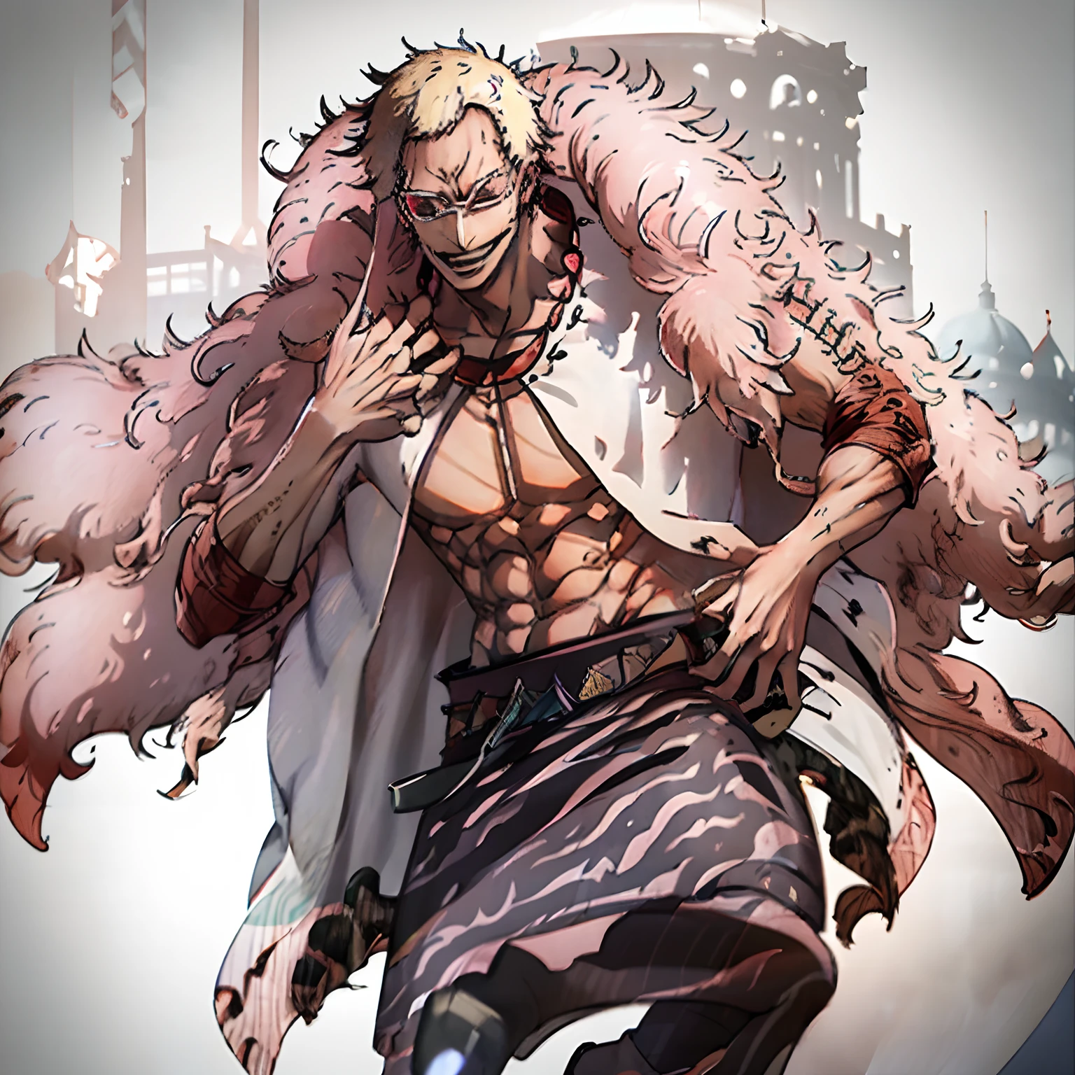 Tall man, short spikey blonde hair, smiling, wearing a long pink cloak, shirtless, covered in black tattoos, slightly tan skin, strong, long body, strong, muscular, slim physique, flamboyant attire, powerful, standing in Venice Greece, muscular, buff, white coat, flamboyant, powerful, muscular male, Toji Fushigoro, Fushigoro Toji, draconic, highly detailed, normal proportions, human, long white pants, Hawaiian print on coat and pants, smiling