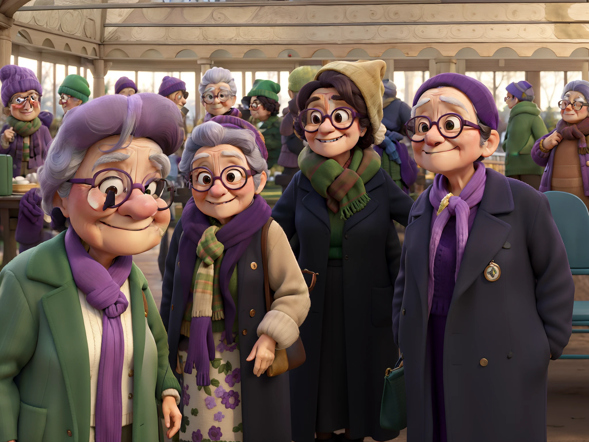 masterpiece, best quality, an old woman with glasses and a scarf on, wearing a purple coat and green scarf, standing at the park
