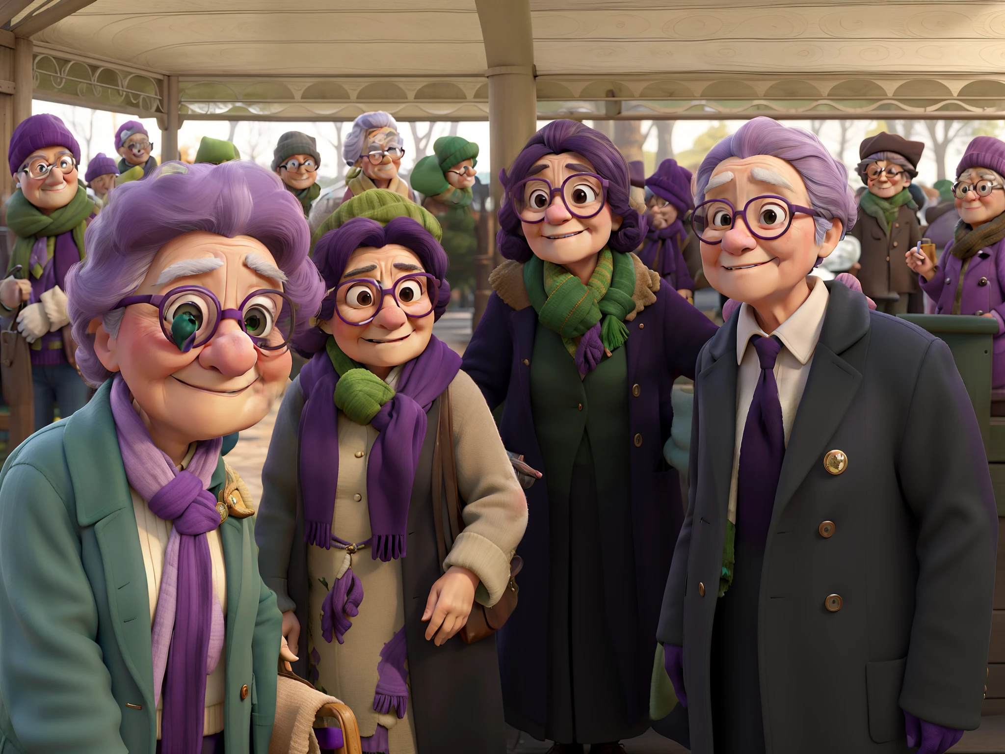 masterpiece, best quality, an old woman with glasses and a scarf on, wearing a purple coat and green scarf, standing at the park