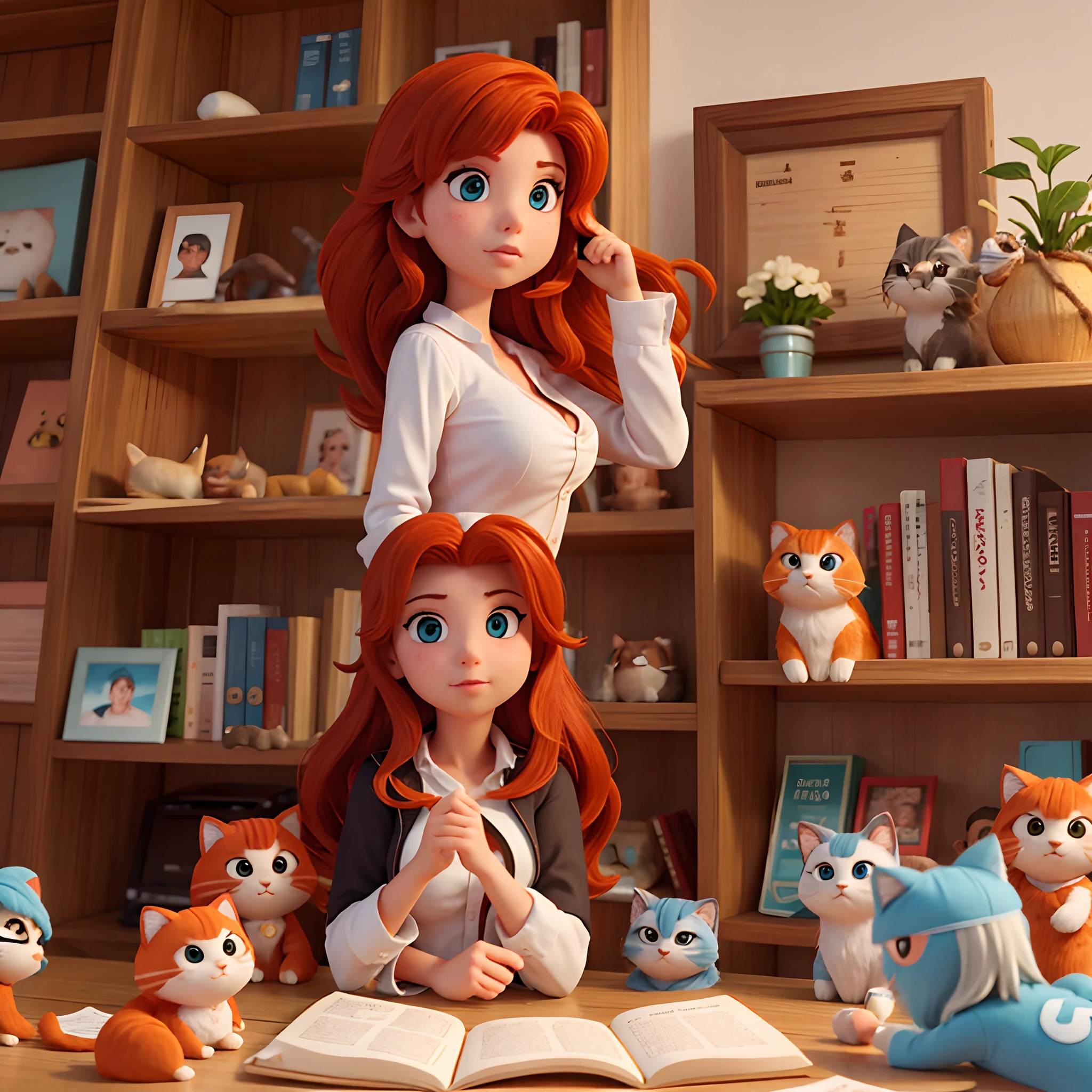 Garota gorda, ruiva, messy hair, com gatinhos e livros