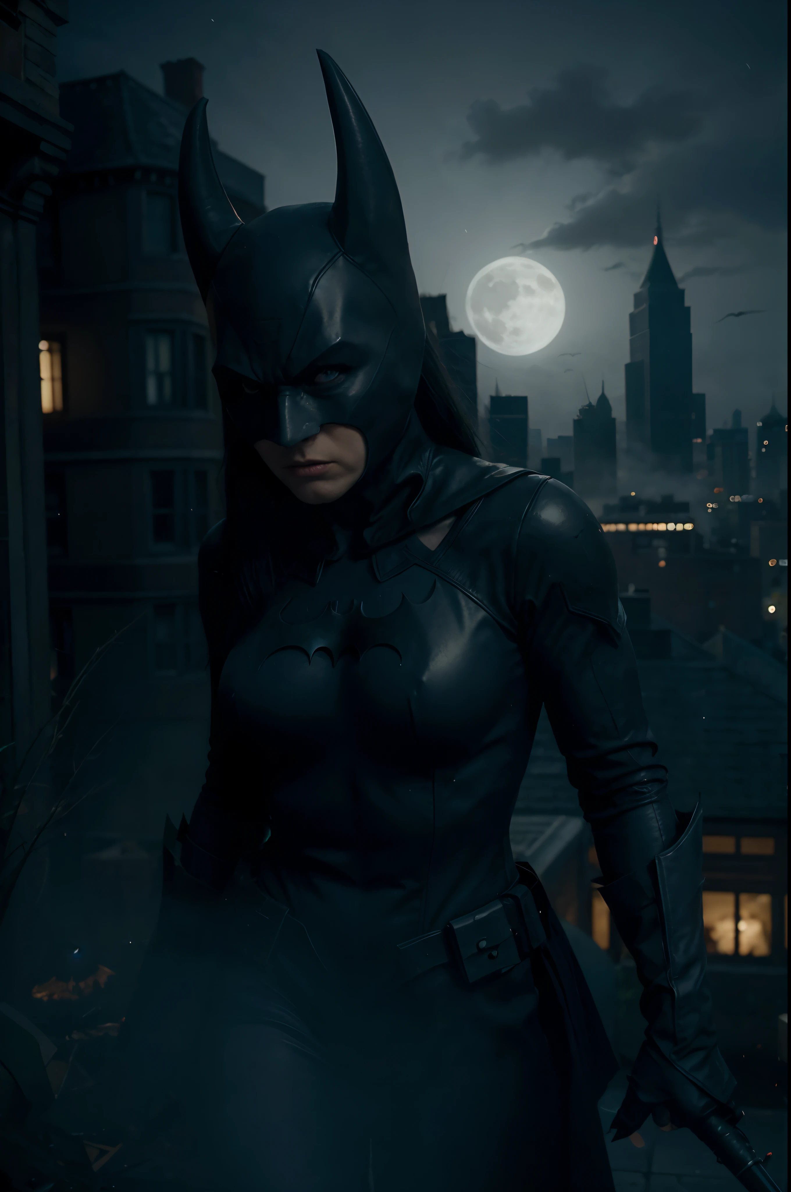 (best quality,4k,8k,highres,masterpiece:1.2),ultra-detailed,(realistic,photorealistic,photo-realistic:1.37),Batman,guarding Gotham City on Halloween night,"menacing and atmospheric","bat-infested skies","foggy and dimly lit","dark and gothic","eerie surroundings","ominous shadows","full moon","hauntingly beautiful cityscape:1.1","haunting moonlit silhouette:1.1",supernatural threat haunting the city streets,"mystical villains:1.1","ghostly apparitions","villainous spirits:1.1","sinister creatures:1.1","writhing tentacles:1.1","ghastly ghouls:1.1","haunted objects","paranormal chaos","malevolent presence",intense action scene, Batman unleashingr superpowers to fight against the supernatural, "dynamic and impactful heroes:1.1","powerful energy blasts:1.1","thunderous clashes","airborne acrobatics:1.1","superhuman strength:1.1",detailed rendering of Batman iconic costumes,"bat-symbol reflecting moonlight"