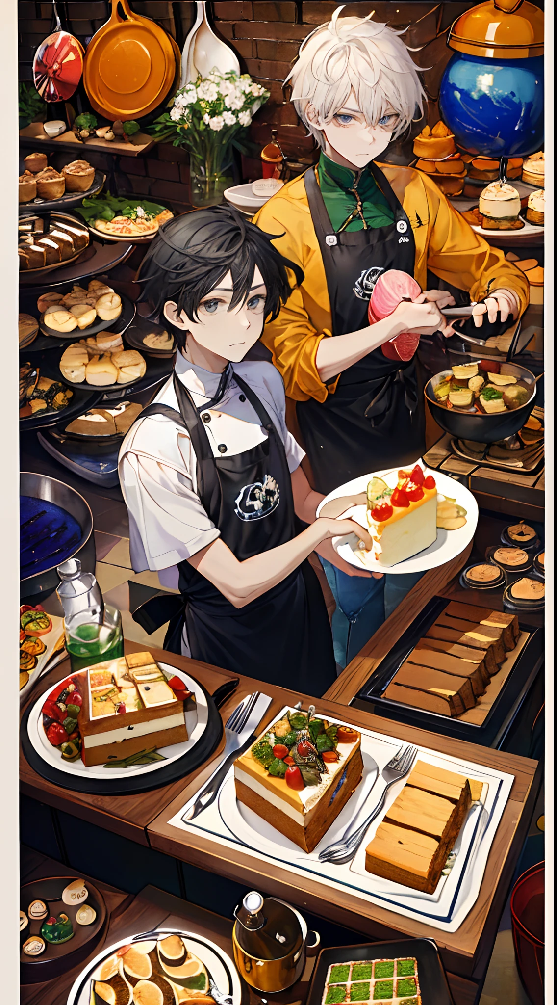 ((Masterpiece, hiquality, absurdress), 1male, black hair, Short hair, straight, gray eyes, a perfect face, the perfect body, sports body, male focus , Male body, 独奏, Detailed eyes and face, Masterpiece, Best Quality, hight resolution, Ultra-detailed), intricate detials, Cowboy shot, Ethereal fog, fantasy forest, стиль by Dale Chihuly, kitchen, slab, Cook your meals, Bake the Cake, apron, Cook costume, Lots of food and sweets on the table