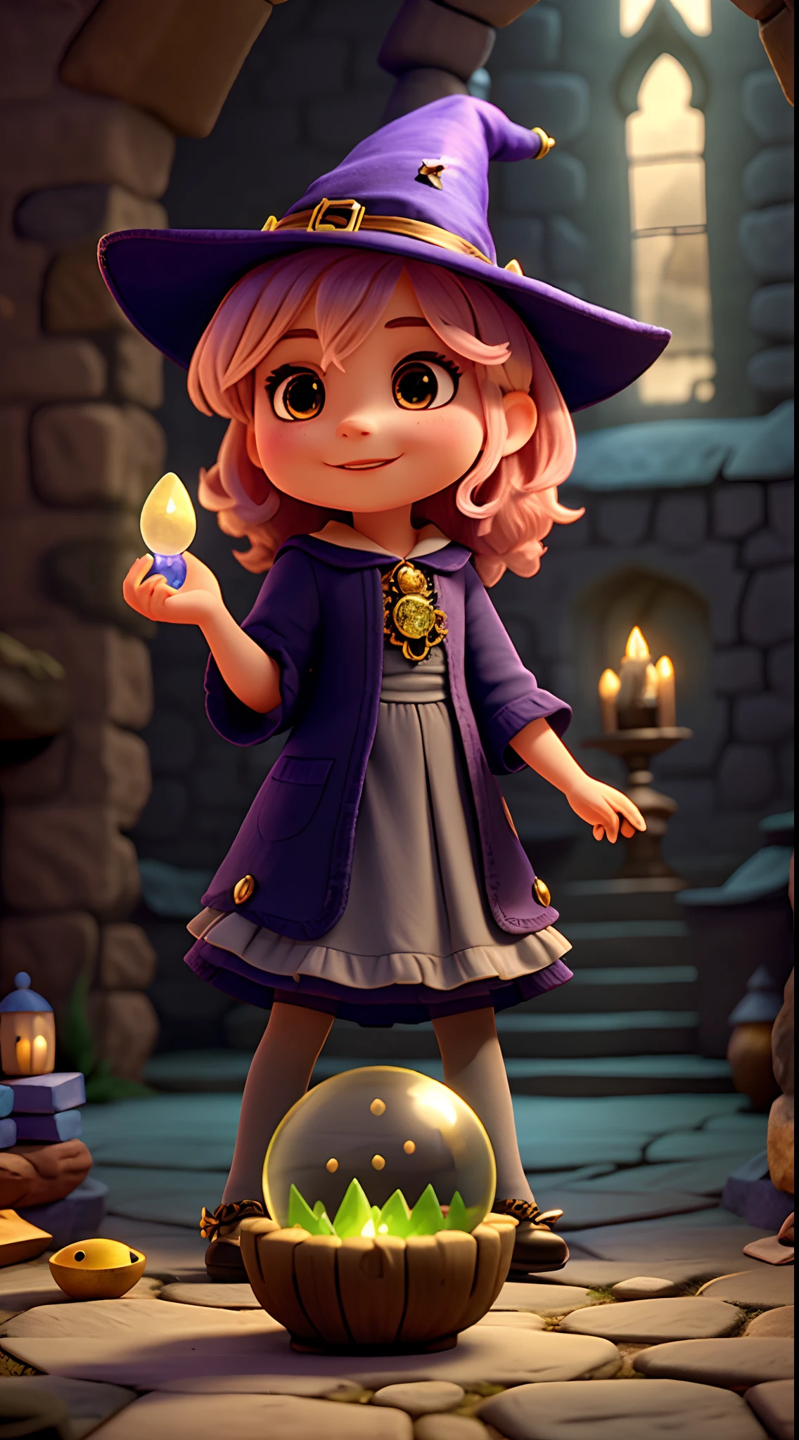 A cute little witch character wearing a witch hat, Holding a luminous and mystical crystal ball in a castle in the well-lit medieval setting with richness of details