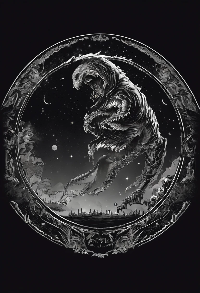 /imagine prompt: cosmic horror illustration for a sticker with a black background, in bold outline style, jagged edges, trashcore, light shading --v 5.2