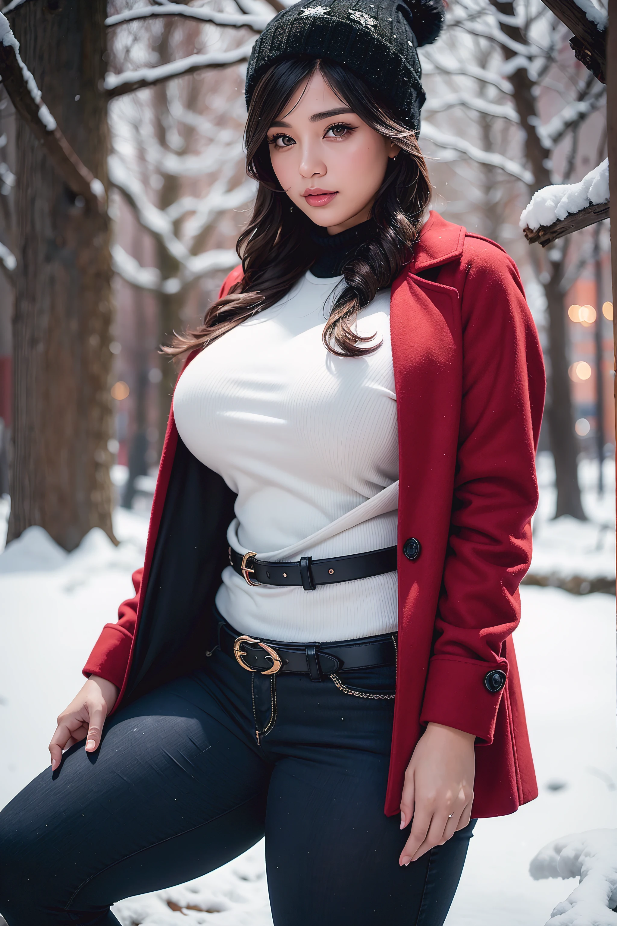 Beautiful sensual woman with a curvy body, long hair, bangs, french braid, widest waist, fitting breasts, curvy accentuated booty, sparkling eyes, long eyelashes, thick thighs, Strong calves, smirk, taniaayusiregar, She wears a red wool Coat, black Pullover, white trousers, belt, beanie, she is in a dark low lit Park, evening in Winter, snowy, photorealistic, Masterpiece, bokeh, Volumetric lighting, winter season atmosphere, close up shot