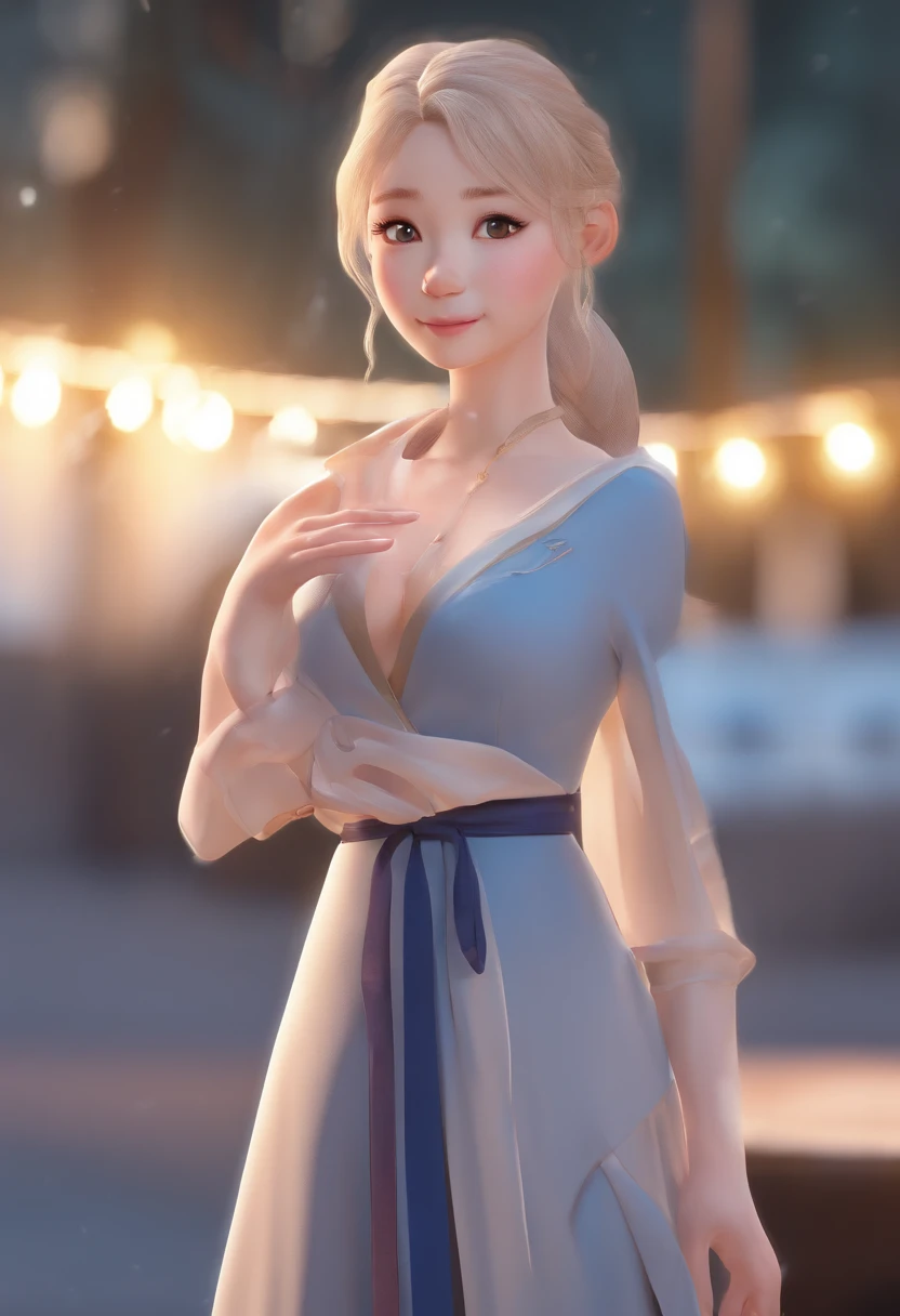 Best Quality, Masterpiece, Photorealistic, extremely detailed CG unity 8k wallpaper, chibi,1girl, Elsa,独奏, full_body, Smile, olhando_at_Viewer, exteriors,