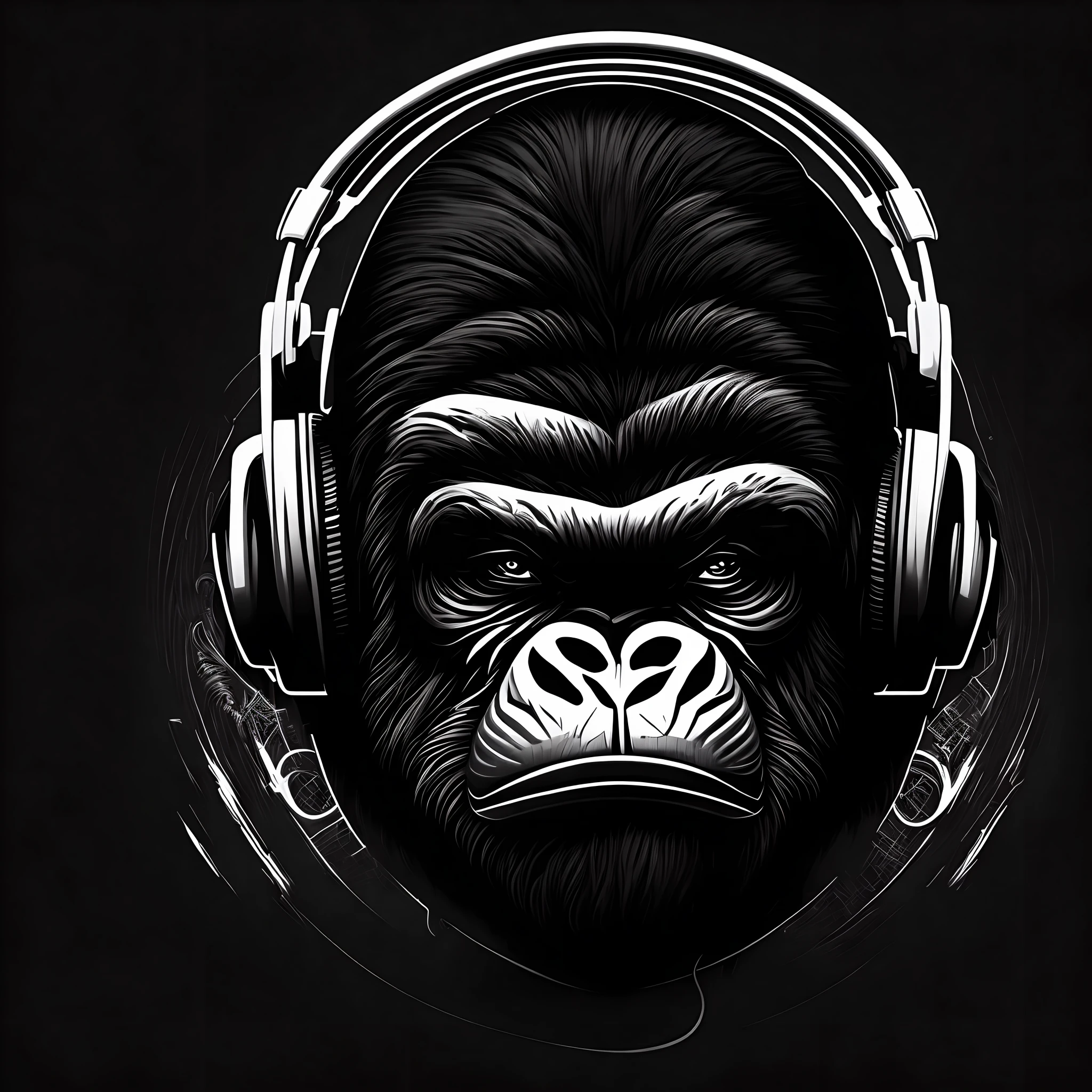 E-sports Logo, gorilla wearing headphones, vector art, black & white