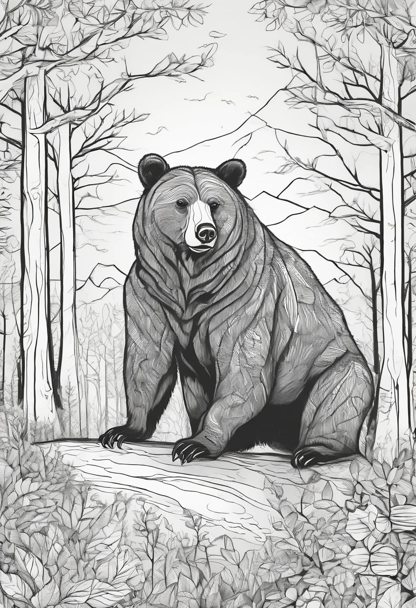 Bear in woodland, animal coloring page, line art, high-quality.