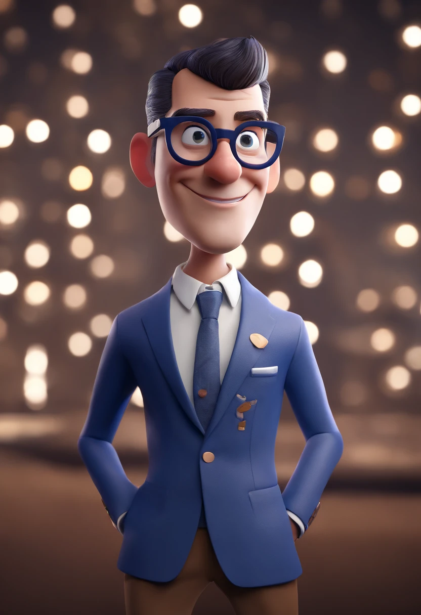 Cartoon character of a man with black glasses and a blue shirt, animation character, Caractere estilizado, animation style rendering, 3D estilizado, Arnold Maya render, 3 d render stylized, toon render keyshot, Personagem 3D, Personagem 3D, 3d rendering stylized, 3 d character render, personagem de desenho animado, Personagem de close up, Pose de personagem, (Estilo Pixar) (master part:1.2) (Bokeh) (best quality) (pele detalhada) (textura detalhada) (8k) (argila) (Cinematic lighting) (foco nítido