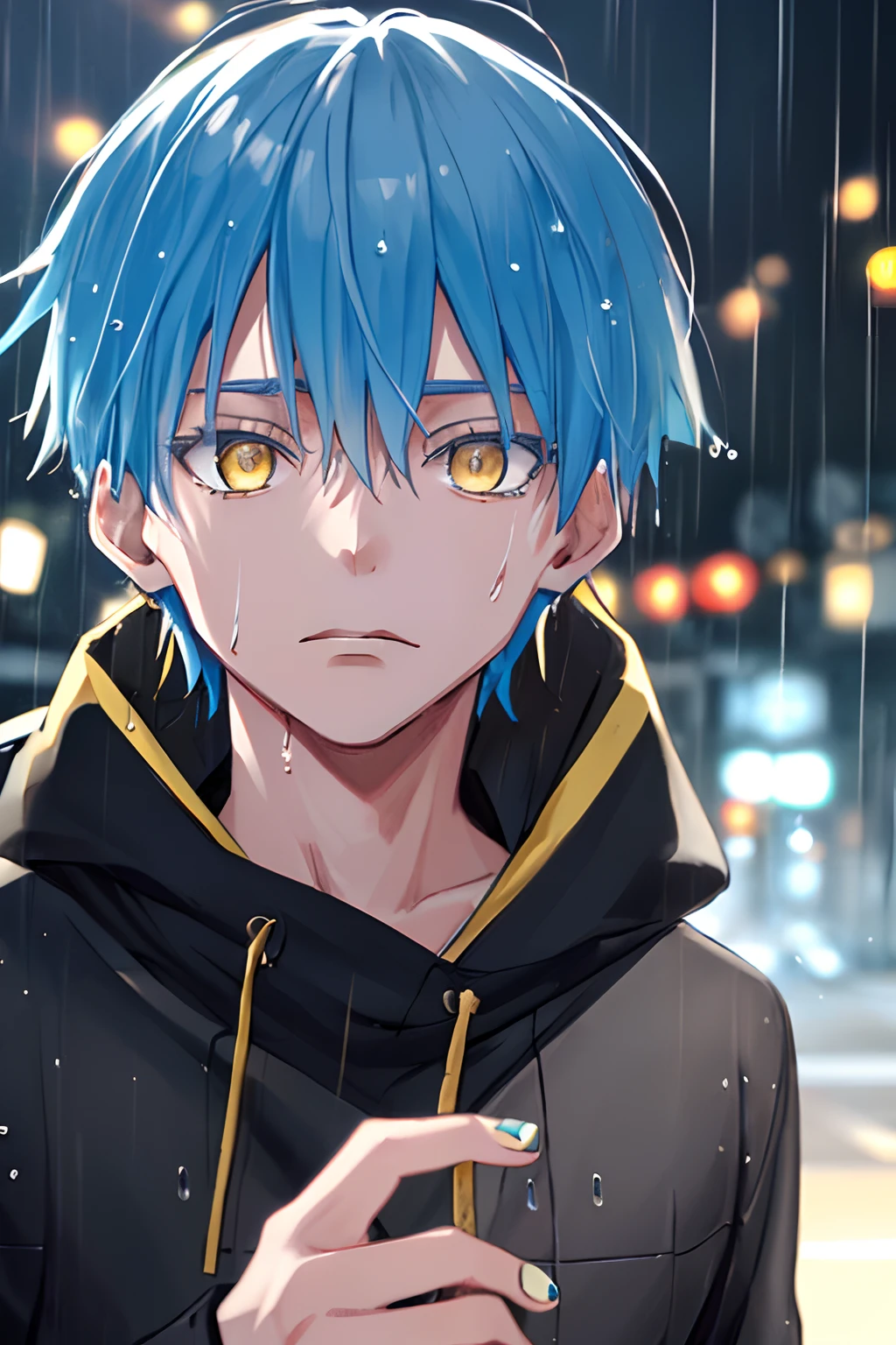 kk, best quality, more details, masterpiece, 1boy, kaneki ken, portrait, male focus, yellow eyes, solo, bangs, looking at viewer, hood, short hair, rain, tokyo tokyo \(city\),  hood down, jumper, nail polish, blue hair, luxurious, 8k, detailed, ray tracing, depth of field, cinematic lighting,