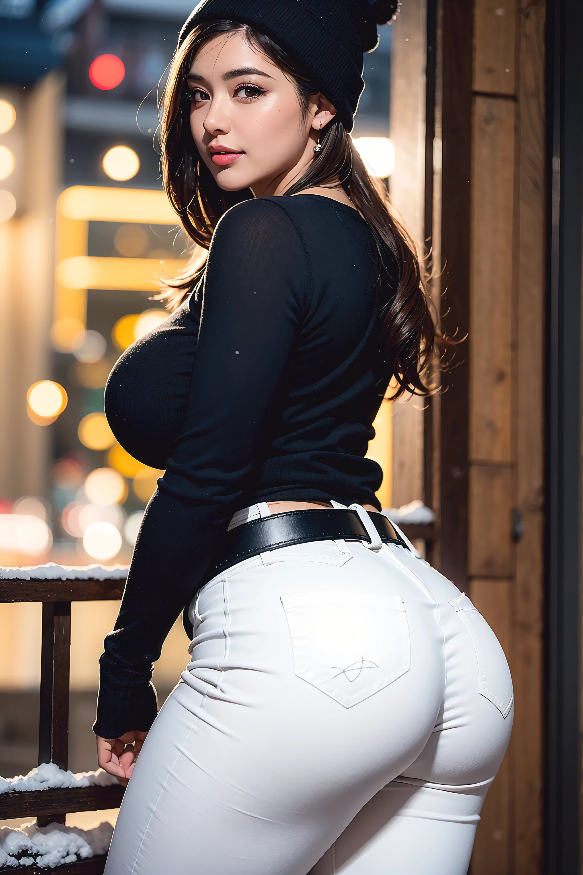 Beautiful sensual woman with a curvy body, long hair, bangs, french braid, widest waist, fitting breasts, curvy accentuated booty, sparkling eyes, long eyelashes, thick thighs, Strong calves, smirk, taniaayusiregar, She wears a red wool Coat, black Pullover, white trousers, belt, beanie, she is in a dark low lit Park, evening in Winter, snowy, photorealistic, Masterpiece, bokeh, Volumetric lighting, winter season atmosphere, close up shot from the side