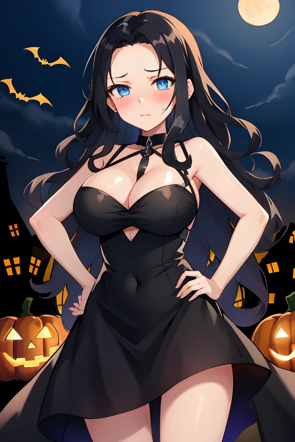 one girl, long wavy hair, black hair, blue eyes,forehead,big breasts, Shining eyes,(blush), anger vein	
,closed mouth, sexy black dress,hands on hips, halloween, city at night, pov from front