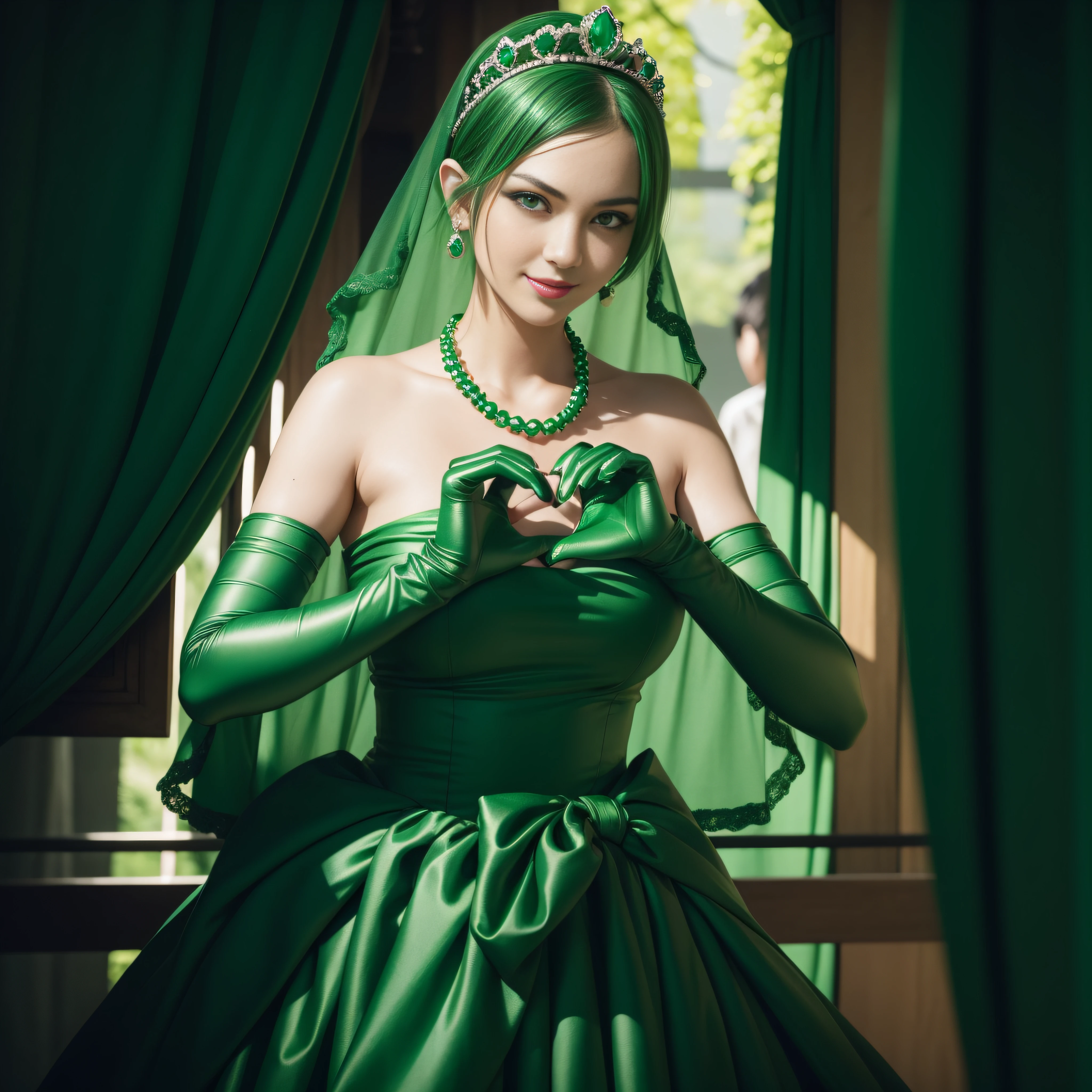 emerald tiara, Green Pearl Necklace, Boyish very short green hair, lipsticks, Japan woman smiling, very short short hair,  big breasts beautiful, Green eyes, Long green gloves made of satin material, Green eyes, Emerald Earrings, green vale, Heart with both hands