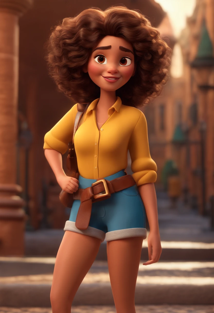 Pixar style image with 3D character brunette woman curly hair medium long standing , Maquiagem Disney,Pescador, bonitinho, sorridente ,Close-up, Pixar, Disney, Cinema lighting,