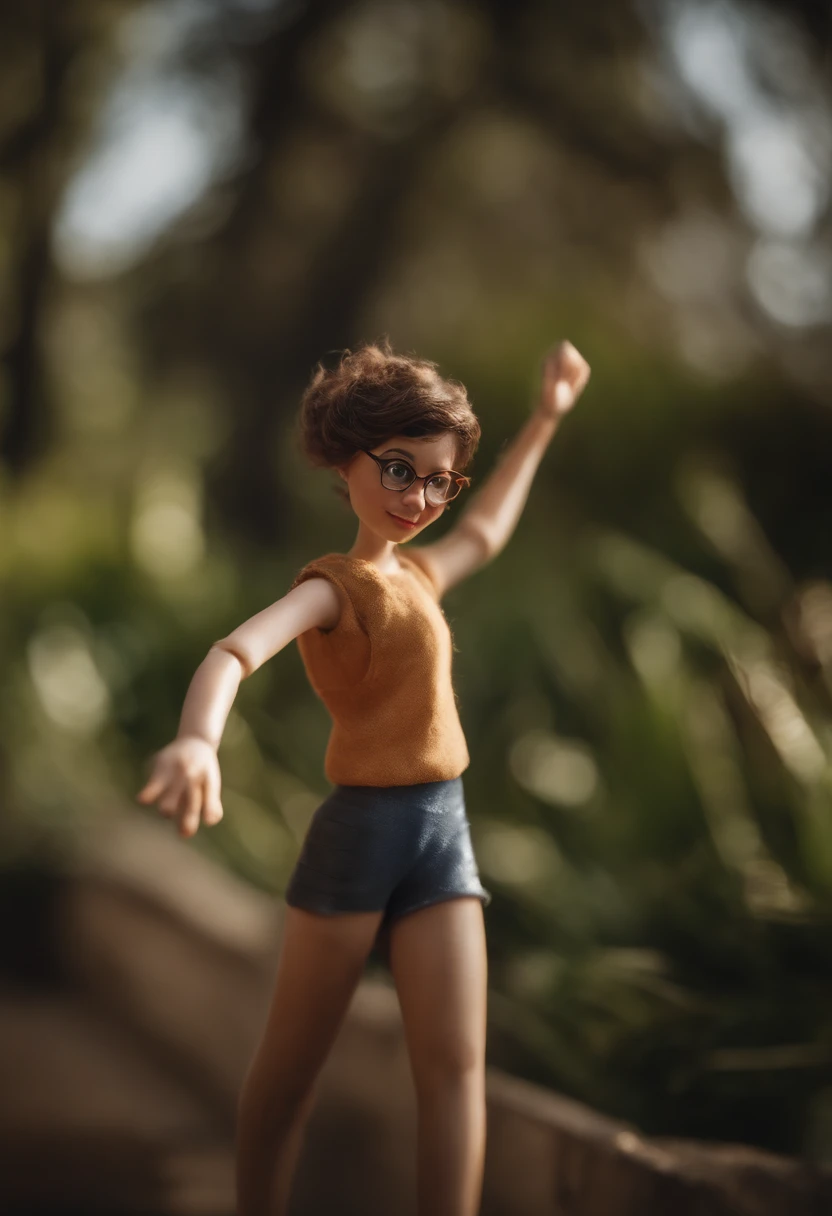 Pixar style image with 3D character white glasses brunette woman short curly hair dancing, Maquiagem Disney,Pescador, bonitinho, sorridente ,Close-up, Pixar, Disney, Cinema lighting,
