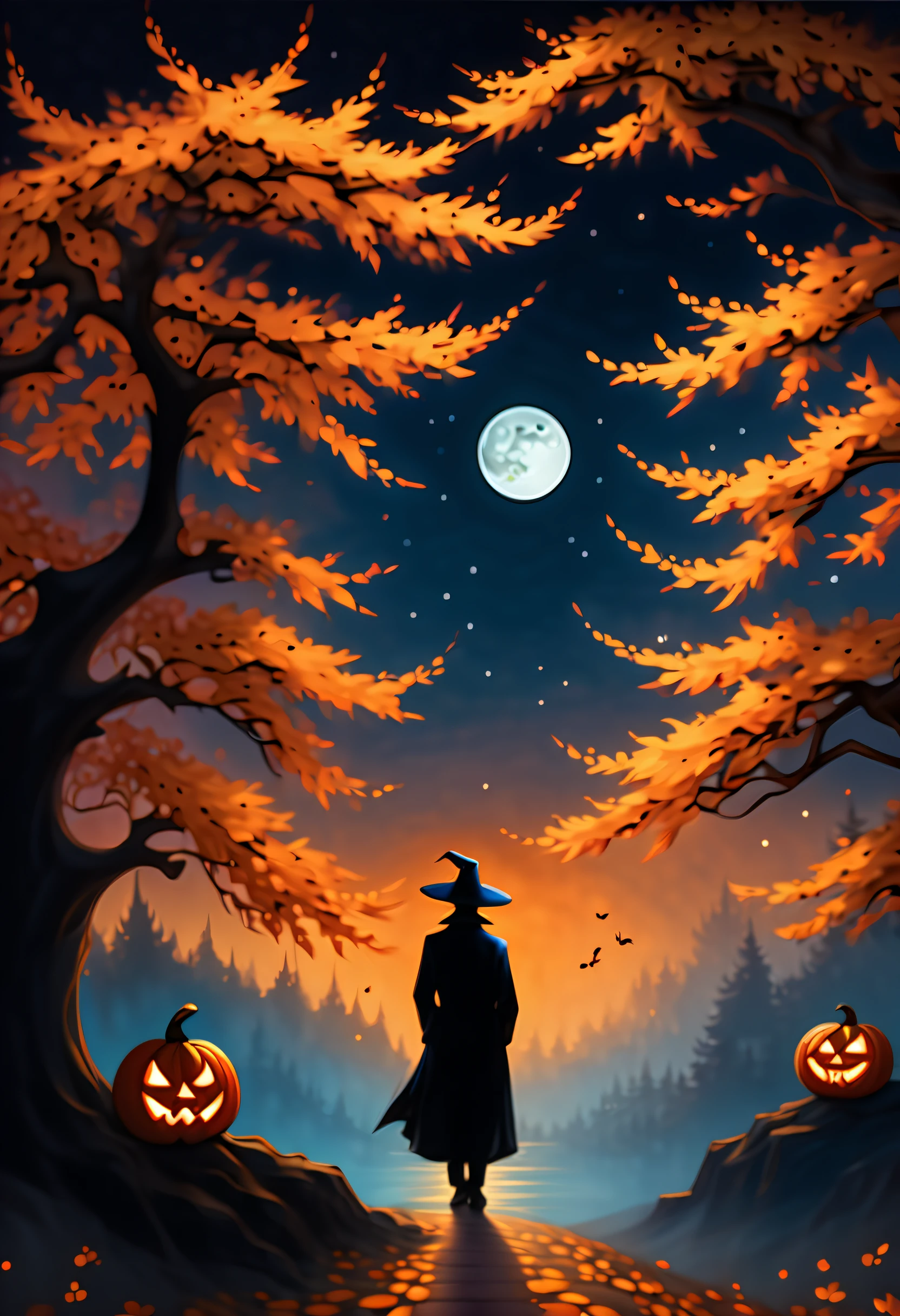 I fell in love with the crescent moon Halloween phantom of jack o lantern illustration, collaboration of cherry blossoms and maple, (((sad feeling atmosphere:1.3))), (painful wish:1.3), breathtaking extremely detail oil painting, use of various techniques,