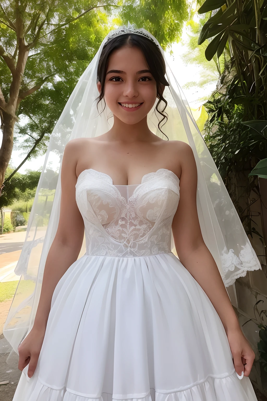 A photo of Luara, a young Brazilian girl, 20 years old, height 1.65m, weight 70kg. She is wearing a white wedding dress and a veil. She is smiling and looking at the camera. In the East Zone of São Paulo.
