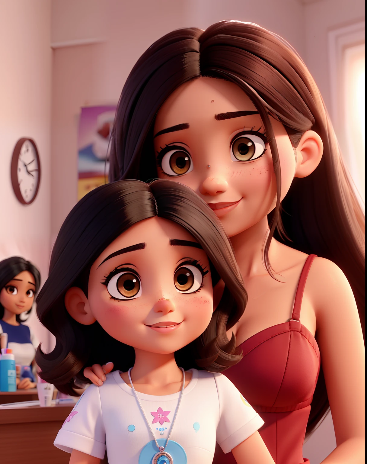 foto extremamente detalhada de uma mulher, morena pela clara olhos escuros com cabelo nos ombros com baby liss, empreendedora esteticista, performs eyelash extensions, Eyebrows Skin Cleansing has a daughter girl and a husband who is her partner